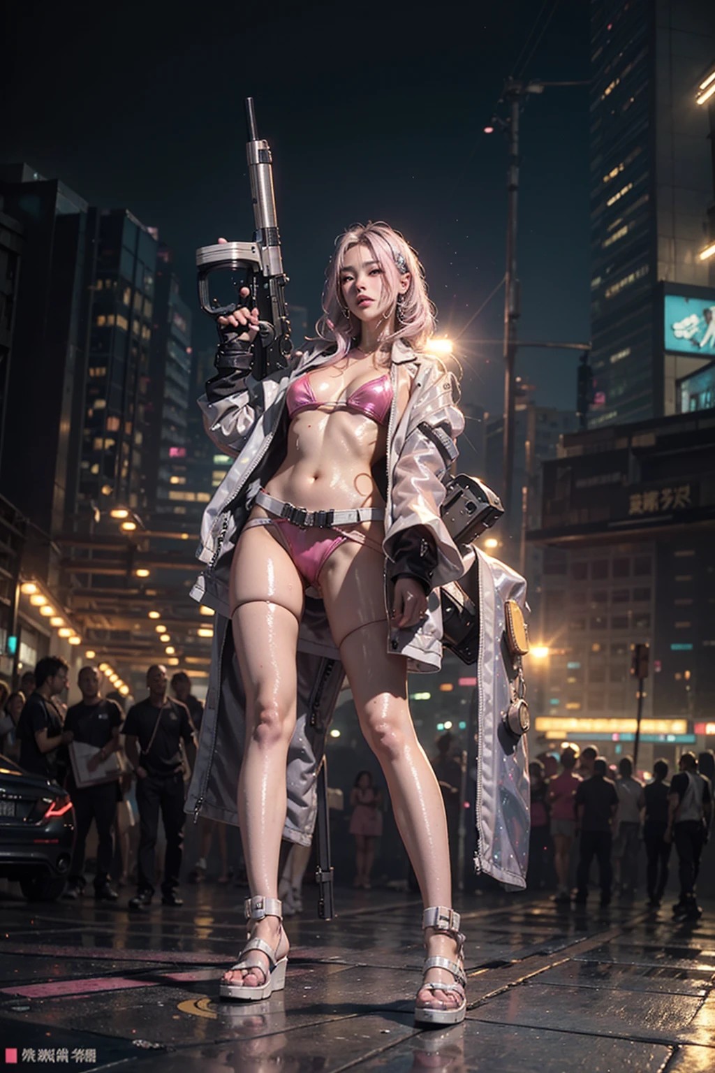 highest quality、surreal、perfect anatomy、Wet and shiny white skin、model body shape、Sweat dripping all over the body、Super small face、Ahegao、Cleavage、Cyberpunk City、Monotone urban tech wear、Pink, silver and golden hair、machine gun、Micro Bikini、Neon lights、