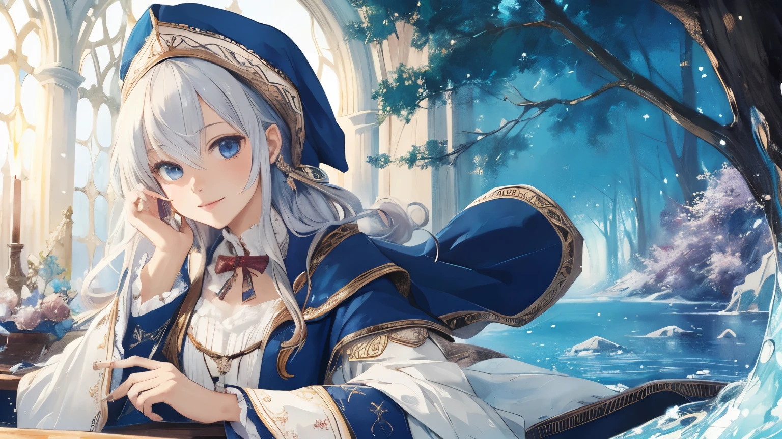 ((highest quality)), ((masterpiece)), (detailed), Cute , Wizard's Clothes, Wizard's Hat, universe, star, Red Eyes, bell, Green medium-long hair, Magic book,