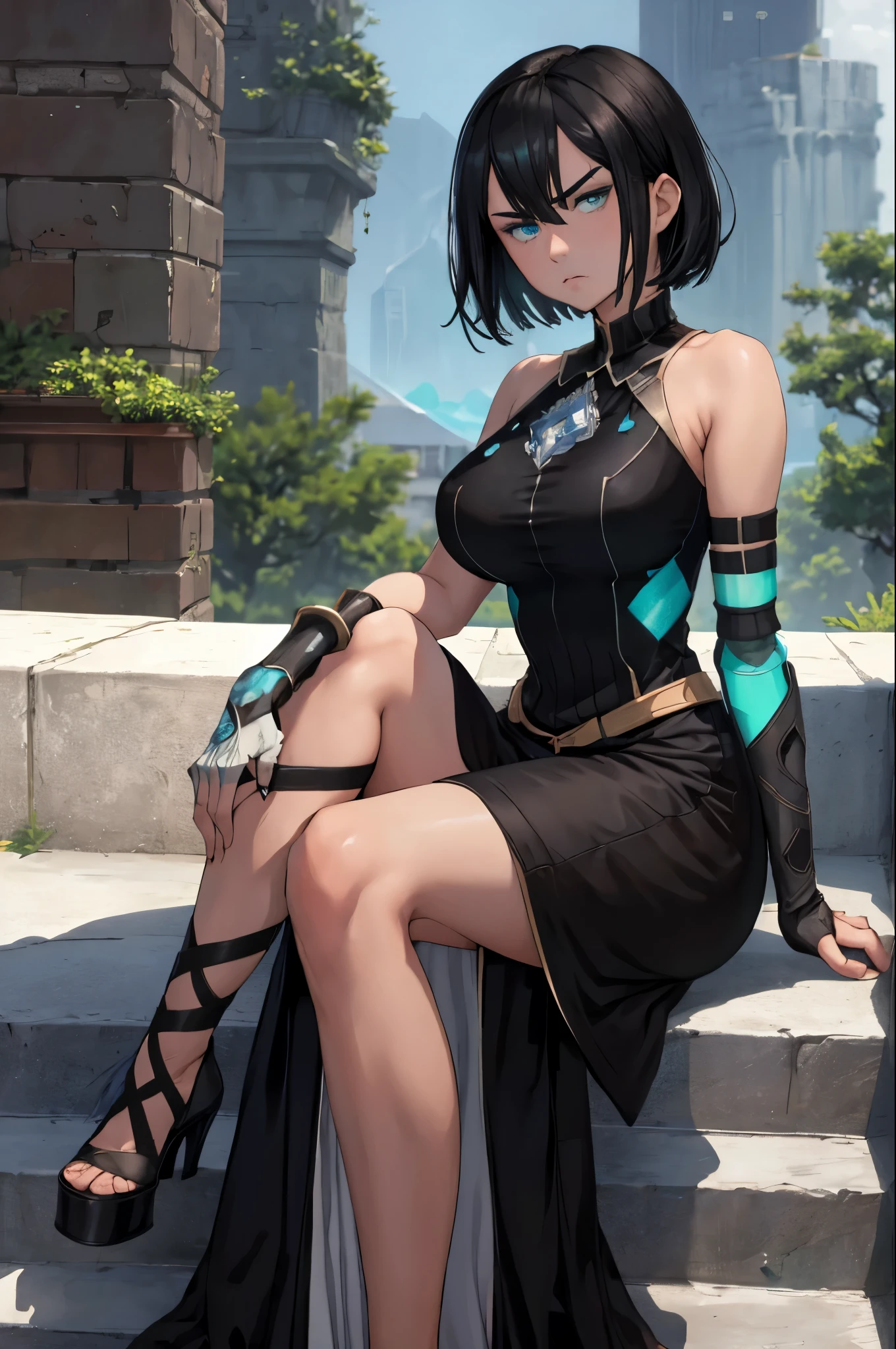masterpiece, best quality, aprilis, aqua eyes, feathers, short hair, black shirt, black dress, single mechanical arm, large , sitting, looking at viewer, furrowed brow, pout, stairs