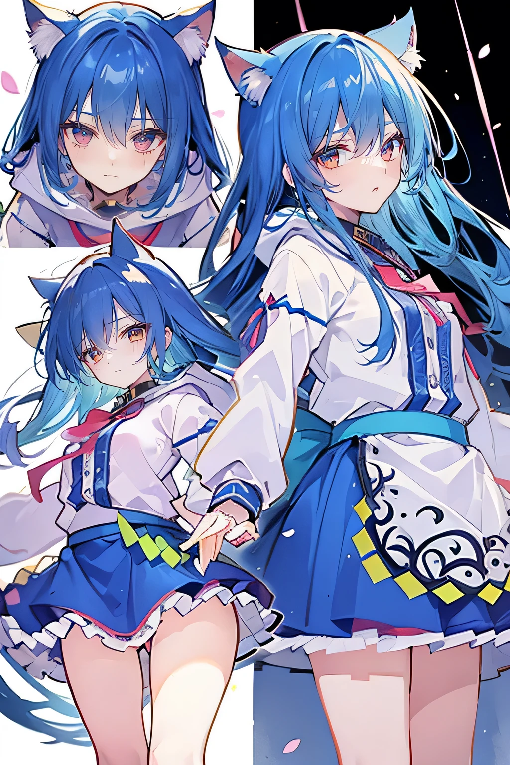 (masterpiece:1.2),Super detailed,lifelike,Expressive eyes,fair skin,perfect face shape,1 girl,
Japanese comics,Gorgeous blue hair,flowing blue hair,flowing clothes,Cat ears,Petals fall,beautiful lola,Baby Angel,sunrise,
Shaking head with one hand,Cross your legs,Gentle and peaceful background,The pavilion is cool and comfortable,smile, wearing hoodie, background of tokyo,back views,snowing, winter.