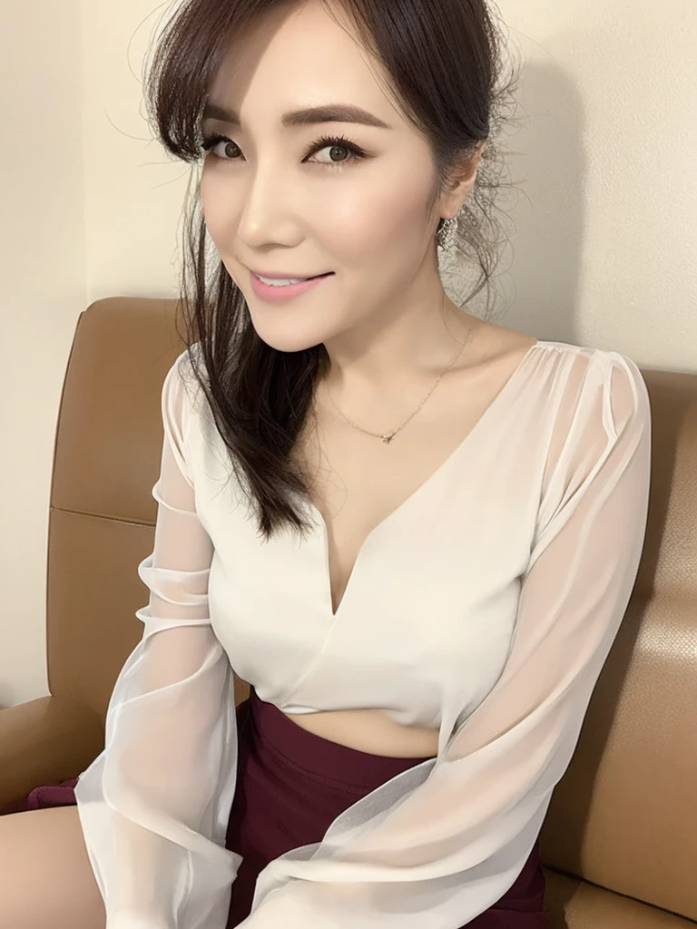 ((Top Quality)), ((8K)), ((Masterpiece: 1.3)), (Perfect Appearance), (Photorealism: 1.6), (Japanese woman sitting on the sofa), (sit leaning against the backrest), (48 years old), ((Realistic skin texture)), (Fine wrinkles throughout the skin: 1.3), (Dull skin: 1.1), (Skin without moisture: 1.2) , (Wrinkles on the face: 0.9), (Wrinkles on the corners of the eyes: 1.2), Double eyelids, tear bags on the lower eyelids, (Crying moles: 0.9), The eyes are looking here, serious gaze, (Dimples: 1.2), smile with the corners of the mouth raised wide, straight medium length, soft fabric blouse, (transparent blouse: 1.3), (Plump and glamorous body), (wide sleeves), (Cuffs that fit your wrist), (The hem of the blouse is tucked into the skirt: 1.2), (long skirt: 1.2), (whole body: 1.3), (Angle from feet: 1.2),