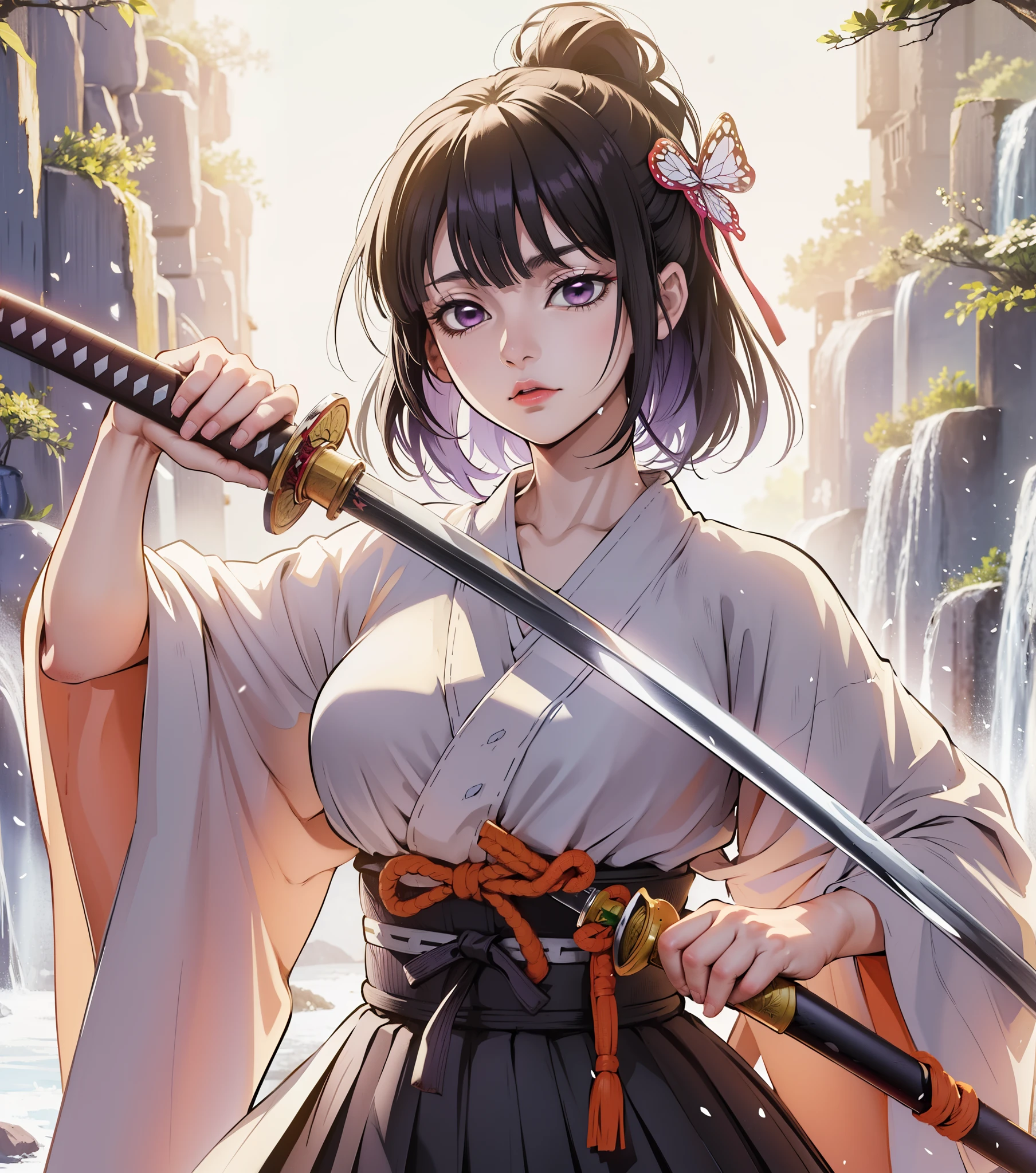 (masterpiece, best quality:1.2), kimetsu no yaiba style, (kanao tsuyuri, KanaoDef), (black hair, side ponytail, butterfly hair ornament), (purple eyes, looking at viewer), serious expression, demon slayer uniform, belt, black pleated skirt, white cape, (holding sword, Katana:1.2) BREAK (holding sheath:1.1), lake background