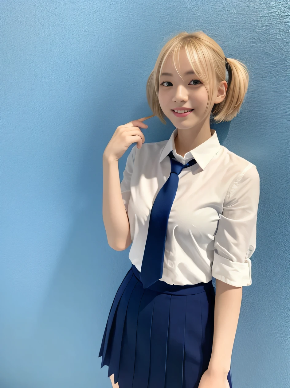 (highest quality、8k、32k、masterpiece、Hmph:1.2)、sexy、17 years old、Cute Japanese Women Photos、Blonde、Twin tails、thin、slender、1 girl、(Bobcut)、(Small Tits)、double eyelid、 White open front shirt、Red tie、You can see her underwear faintly、Navy blue mini skirt、Thighs、Light blue wall、whole body、smile、sexy