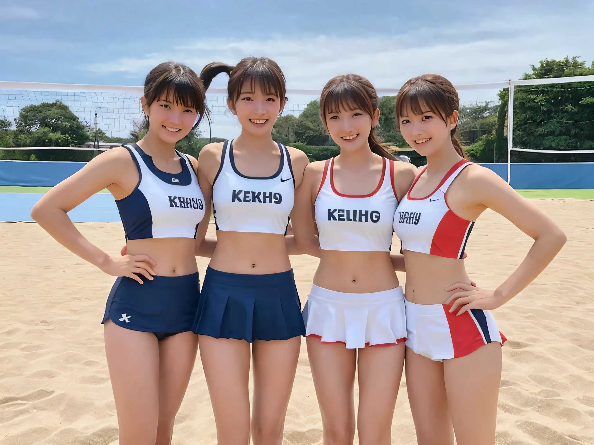 Three girls standing on a beach volleyball court,Two-piece school swimsuit with white trim,Thong,18-year-old,bangs,Laugh a little,Thighs,Total,knees,Shortcuts,ponytail,From below、cute、Track and field uniforms