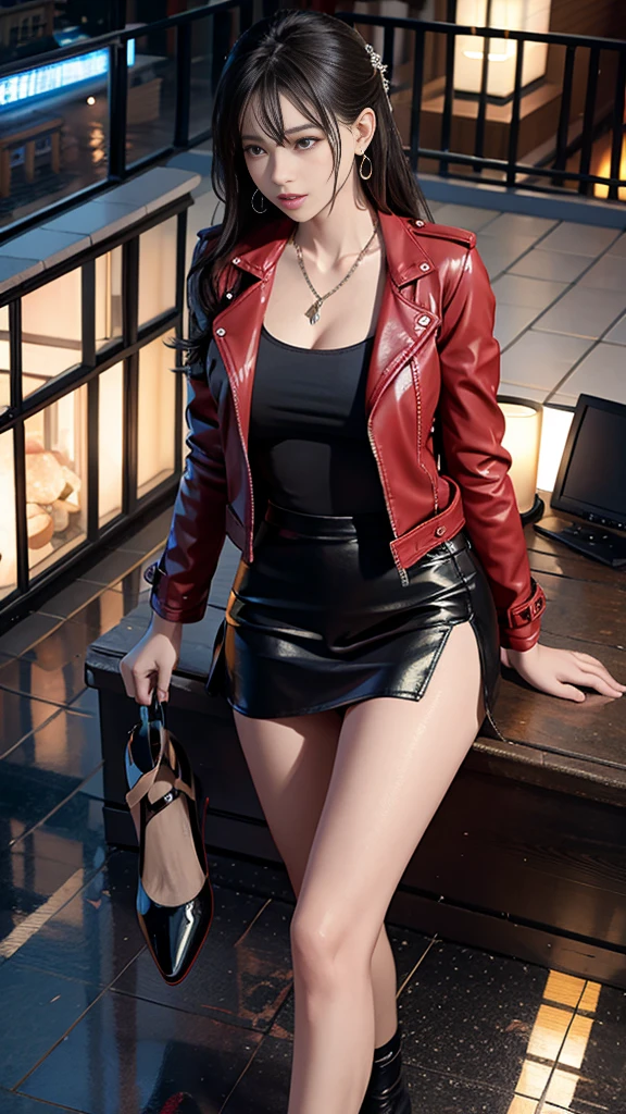 (32k, High resolution, highest quality, masterpiece, 超High resolution), (((Giantess Elements, Typhoon heavy rain))), From above, Highly detailed skin and facial textures:1.2, Perfect dynamic composition:1.0, ((night, 足元の高さほどのA ruined worldで)), (Expressions of sadness:0.7, Holding a gun:1.5, Towering Giant Young Woman:1.0, taller than a skyscraper:1.0, 400,000 feet high:1.5, Incredibly slim body:1.0), Fair skin, Sexy beauty, Very beautiful face, Water droplets on the skin, (The rain drips down on my body:0.5, Wet body:0.5, Wet Hair:0.5), ((Red Leather Jacket:1.0, Tight black leather skirt:1.0)), Shapely breasts, Chest gap, Big eyes that exude beautiful eroticism, Lips that exude beautiful eroticism, necklace, Earrings, bracelet, wedding ring, ribbon, High heels, Full body portrait, ((A ruined world, Major impact, Emphasizing the majesty and power of giants, Increase the destructive element))