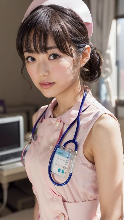 1 girl,(Wearing white nurse clothes:1.2),(RAW Photos, highest quality), (Realistic, photo-Realistic:1.4), masterpiece, Very delicate and beautiful, Very detailed, 2k wallpaper, wonderful, finely, Very detailed CG unity 8k wallpaper, Very detailed, High resolution, Soft Light, Beautiful detailed girl, Very detailed eyes and face, Beautiful and detailed nose, finely beautiful eyes, Perfect Anatomy, Black Hair, Upstyle, nurse uniform, ((nurse cap)), Long skirt, nurse, White costume, thin, hospital, clear, White Uniform, hospital room, Neck auscultation, ((Upper Body))