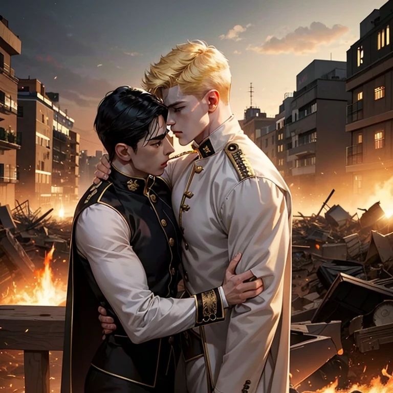 gay、A black-haired male soldier and a blonde male marine、White、Muscular、Embrace each other、cry、Eternal farewell、Movie stills、heavy atmosphere、Ruined City、evening、
