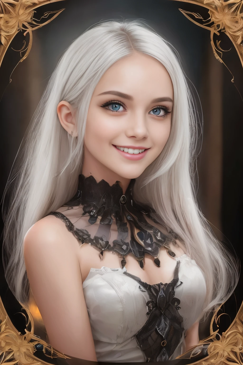 A humanoid girl with captivating black wide eyes and an enchanting smile, high definition rendered in stunning detail. Her eyes glisten with intrigue and allure, framed by delicate lashes and vivid pupils that seem to capture the light. Her smile reveals perfectly straight white teeth, adding to her irresistible charm. HD rendering showcases every detail of her features, making for a mesmerizing image.
