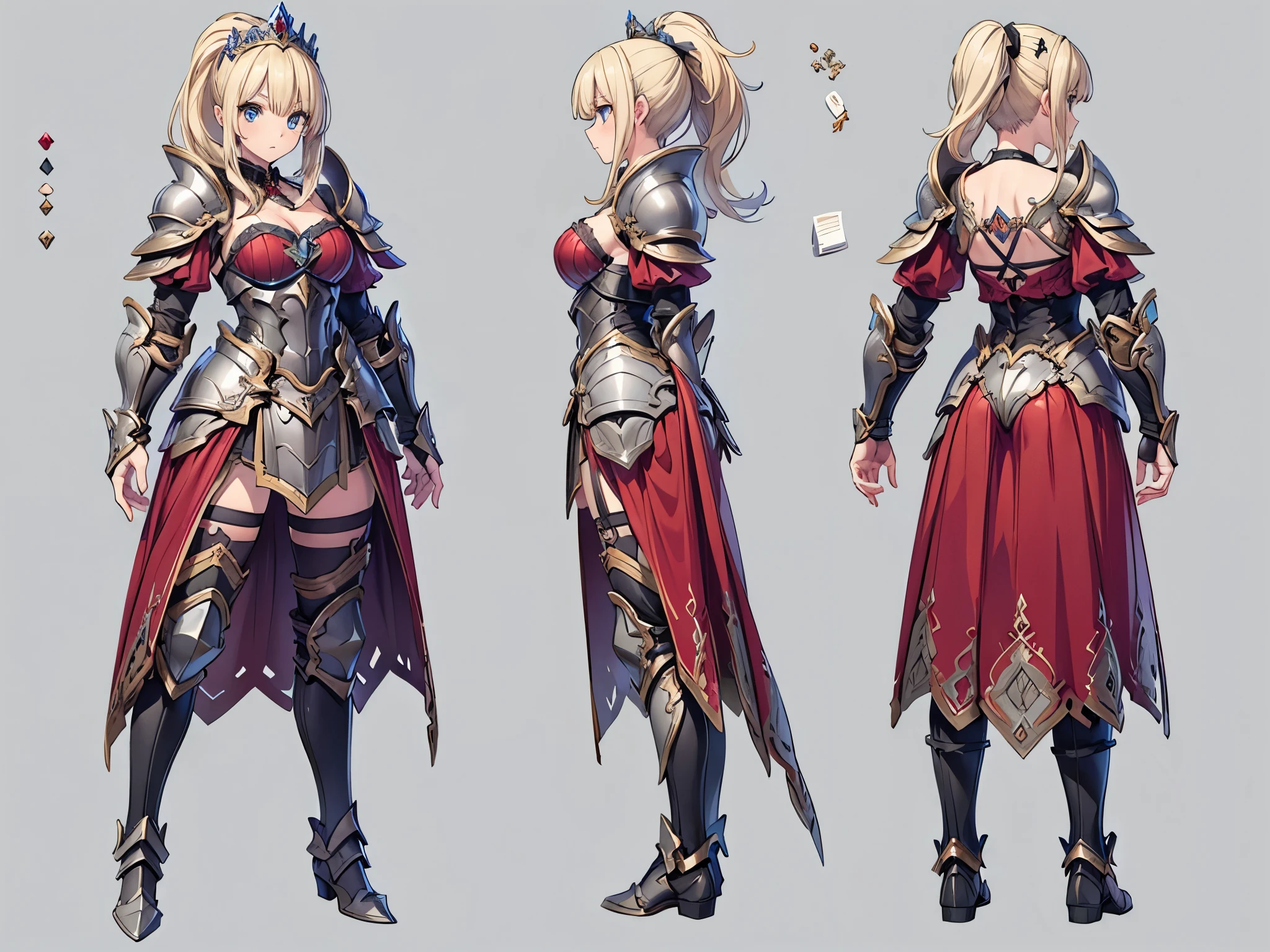 ((three-sided view, front view, side view, back view, multiple views, multiple poses and expressions, many parts)), concept art, character concept art, character sheet, Full body, illustration, (simple background, gray background), 1 character, 1girl, fantasy art, a female knight in metal armor, red_outfit, white_armor,cropped shoulders armor, plate armor, armor dress,gauntlets, Blonde hair,high ponytail,Blue eyes,ruby tiara,cleavage, thighs, thighhighs, weapon