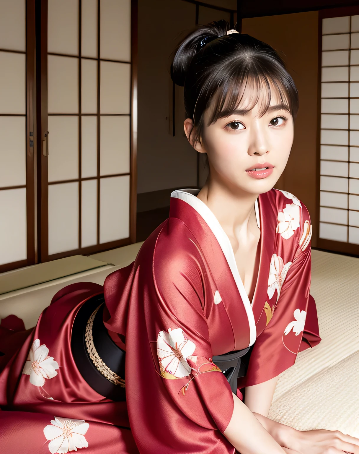 (kimono, Webbing, Complex red:1.4),
((highest quality, 8k, masterpiece: 1.3)), Perfect body beauty: 1.4, (Breast A cup:1.2), Small breasts, Round shaped breasts, Perfectly shaped breasts, Highly detailed face, Beautiful woman, (Dark brown shortcuts), Slim face, Highly detailed face and skin texture, Highly detailed lips, (Realistic:1.4),

((30 years old, Beautiful Married Woman:1.2)),

((Laying a white futon in a Japanese-style room, Sit on the futon with your legs stretched out, Take off your kimono:1.2)), 
((Dark room, Lantern:1.2)), 
((Squint your eyes)), 
((purse your lips:1.2)),
((Blushing:1.2)),
((Open your mouth a little to show your white teeth)), 
((Breast enlargement,Flat Chest:1.2)),

Narrow shoulders, Long, slender legs, Thin waist, 
Ultra-detailed skin, Glossy Skin, Ultra detailed face, 
Ultra-detailed eyes, Slit eyes, Brown eyes, double eyelid, Beautiful thin eyebrows, Thin, long eyelashes, 
Ultra-detailed lips, Fuller lips, Glossy pink lips, Flushed Cheeks, White teeth, 
Beautiful actress&#39;s languid make-up, Pink lipstick, Smoky eyeshadow, Eye foundation, 
Dark brown hair, Delicate and soft hair, Hair blowing in the wind, 
(Elegantly putting your hair up, short hair, ponytail:1.5), Layered Cut, (Blunt bangs:1.2),
