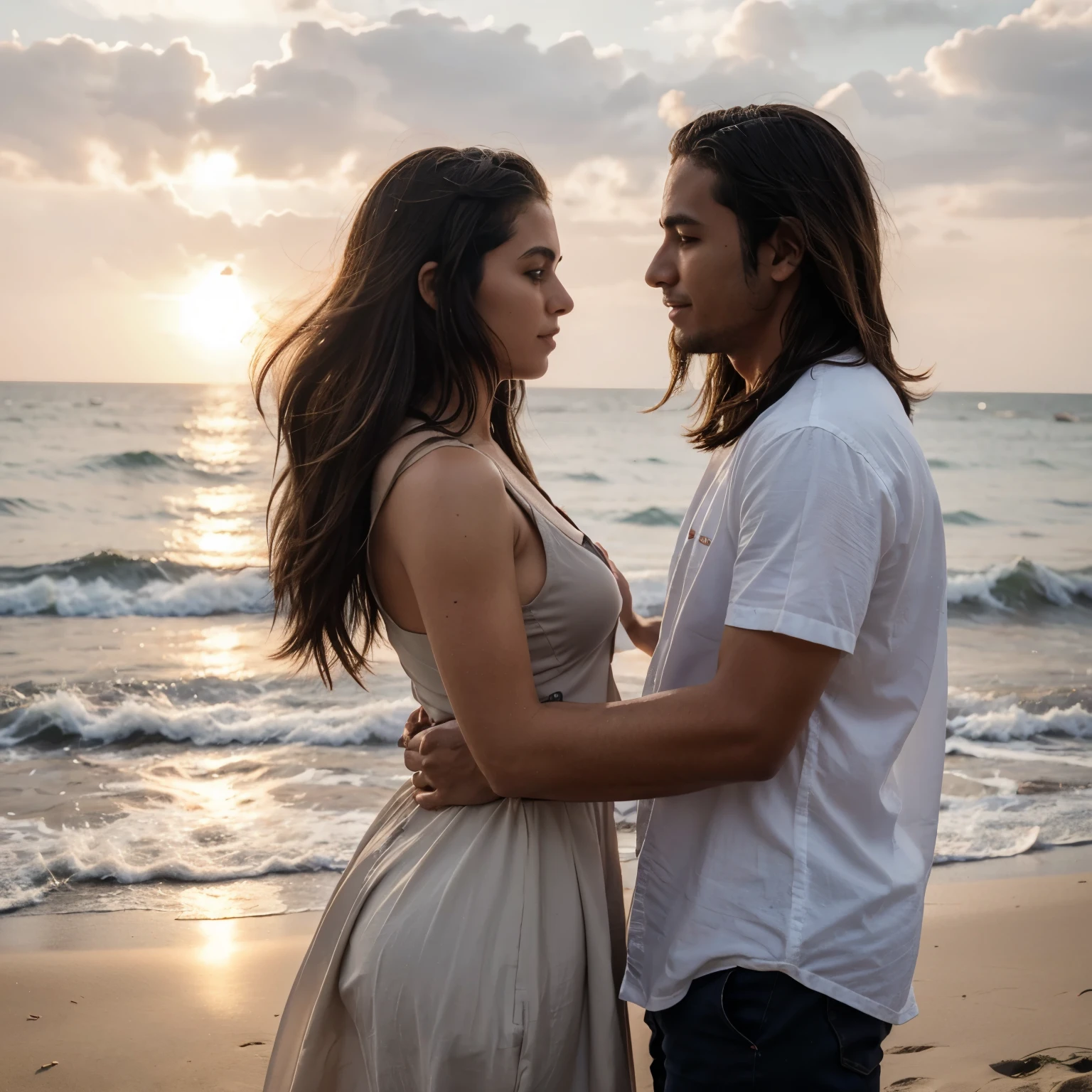 um do cabelo ondulado casando com uma do cabelo castanho e ondulado no por do sol na praia