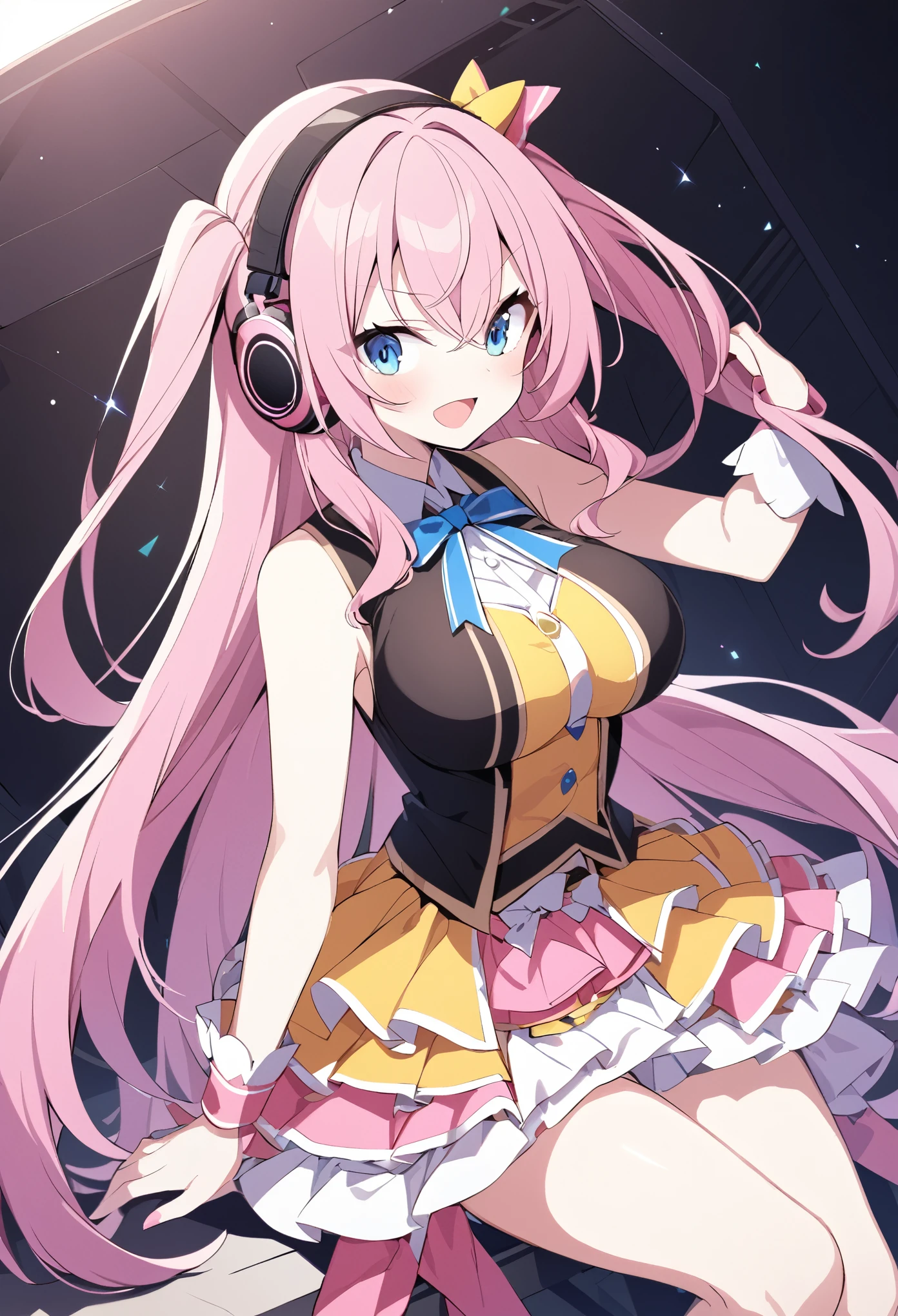 ,large breasts , ConcertHole, 1girl, 　　luka megurine, blue eyes, headphones, long hair, pink hair,　,Idol Costume,