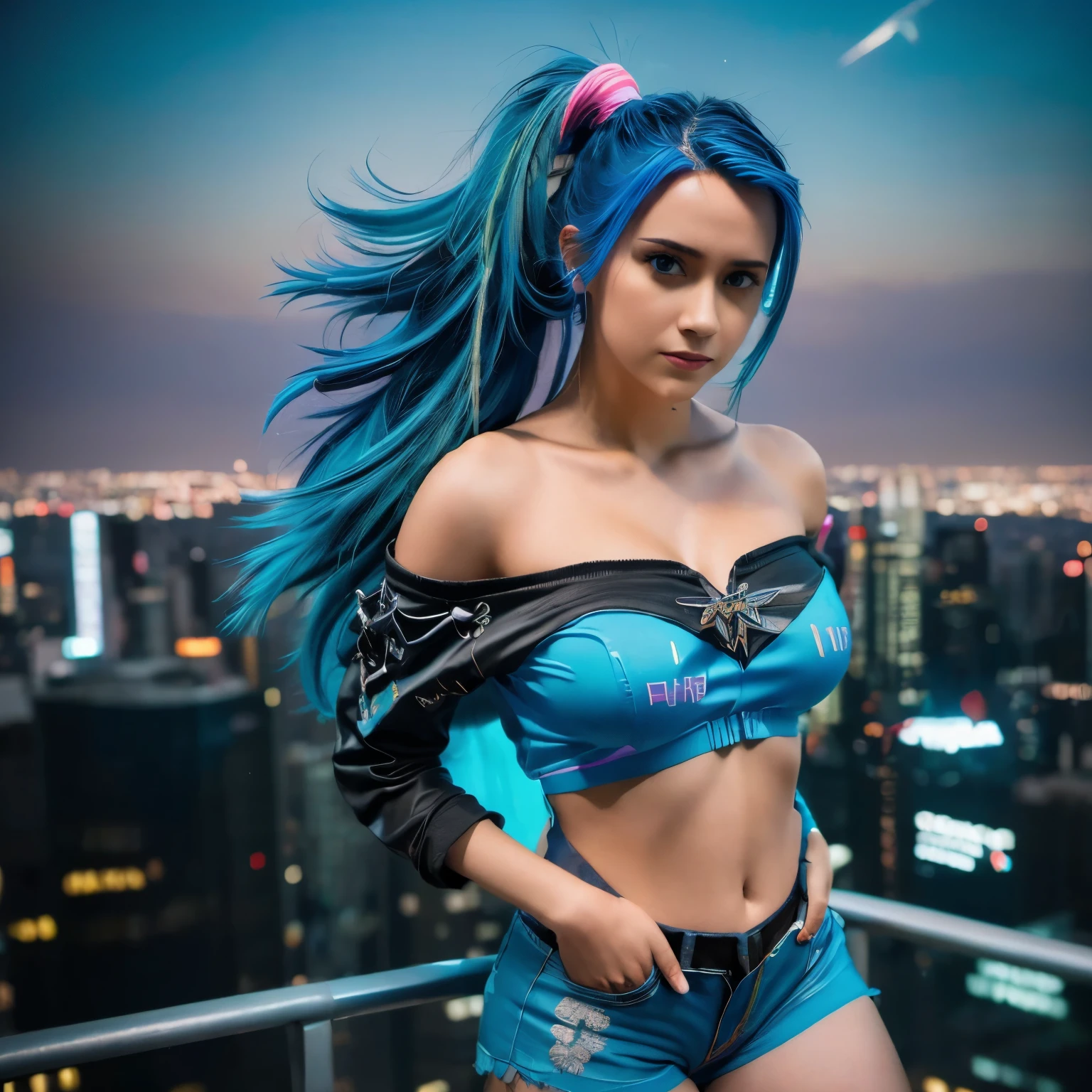 (masterpiece), best quality, ultra high res,, cyberpunk 1girl flying above stunning cityscape ,hoodie,blue hair, neon color shooting stars, very long hair, off shoulder, feather hair ornament, neon colors, flashes, stunning night sky, cinematic lighting, photorealistic, realistic skin, HDR,fisheye