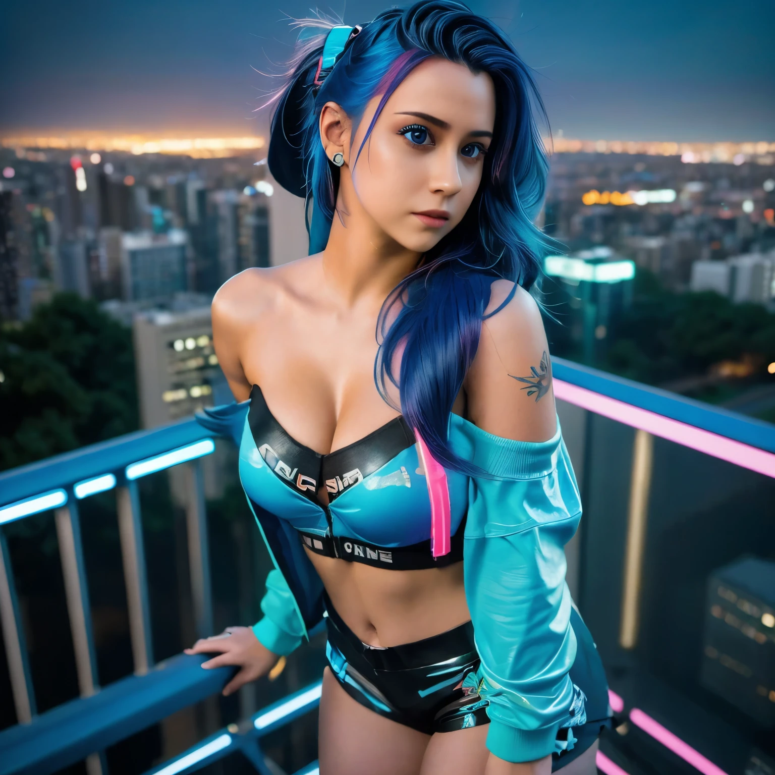 (masterpiece), best quality, ultra high res,, cyberpunk 1girl flying above stunning cityscape ,hoodie,blue hair, neon color shooting stars, very long hair, off shoulder, feather hair ornament, neon colors, flashes, stunning night sky, cinematic lighting, photorealistic, realistic skin, HDR,fisheye