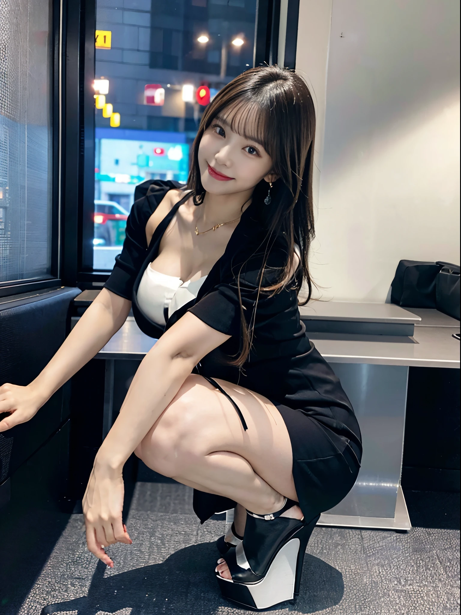 （office）、Crouching woman、Brown eyes、Big Eyes、night、night景、Black business suit、Big Ass、beauty secretary、（Very large breasts、Very thin and long legs、Perfect figure、High heels、whole body、Big smile）、1 female、No makeup、17 years old、（masterpiece、8K,RAW Photos、High resolution:1.4）

