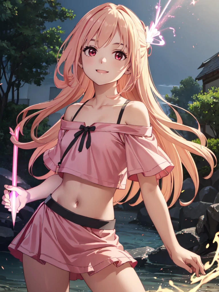 masterpiece, best quality, ultra detailed, highres, extremely detailed CG unity 8k wallpaper, perfect lighting,  very detailed background, Outdoor、beautiful and aesthetic,sharp focus, perfect face, Perfect hands、Perfect Fingers、Perfect toes、Five fingers、
1lady、 smiling、
Short blonde, large red eyes、delicate oval face、(flat chest:1.5)、Looking up at the viewer、
(pink maid outfit:1.1)、(off shoulder:1.3)、(midriff peek:1.5)、
(Wizard holding glowing wand:1.5)
Ambient light、Volumetric Light、shoot from side、(Glowing Skin:1.3)