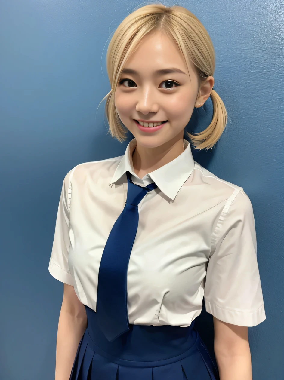 (highest quality、8k、32k、masterpiece、Hmph:1.2)、sexy、16 years old、Cute Japanese Women Photos、Blonde、Twin tails、thin、slender、1 girl、(Bobcut)、(Small Tits)、double eyelid、 White open front shirt、Red tie、You can see her underwear faintly、Navy blue mini skirt、Thighs、Light blue wall、whole body、smile、sexy