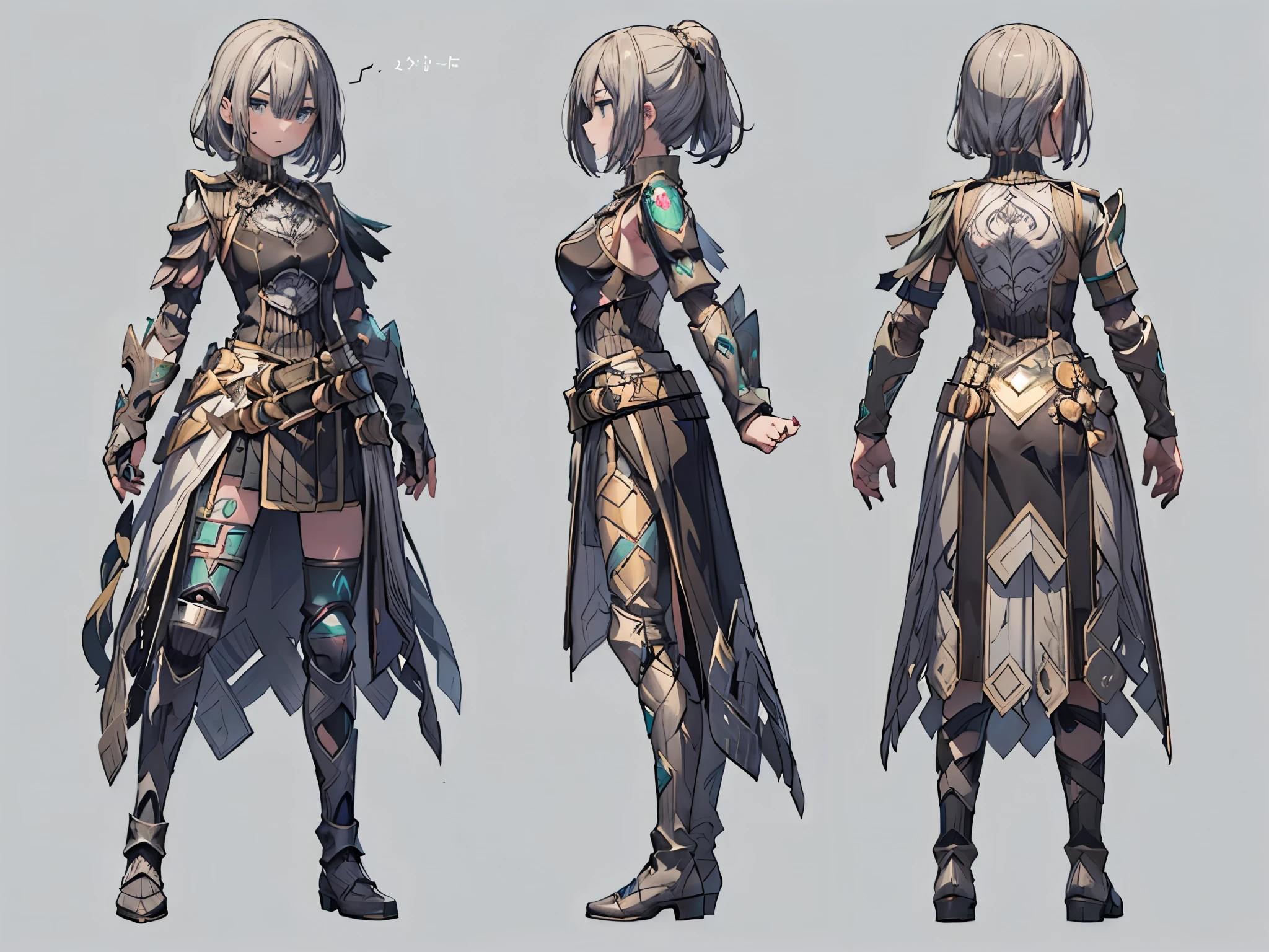 ((three-sided view, front view, side view, back view, multiple views, multiple poses and expressions, many parts)), concept art, character concept art, character sheet, Full body, illustration, (simple background, gray background), 1 character, 1girl, fantasy art, a female knight in metal armor, 