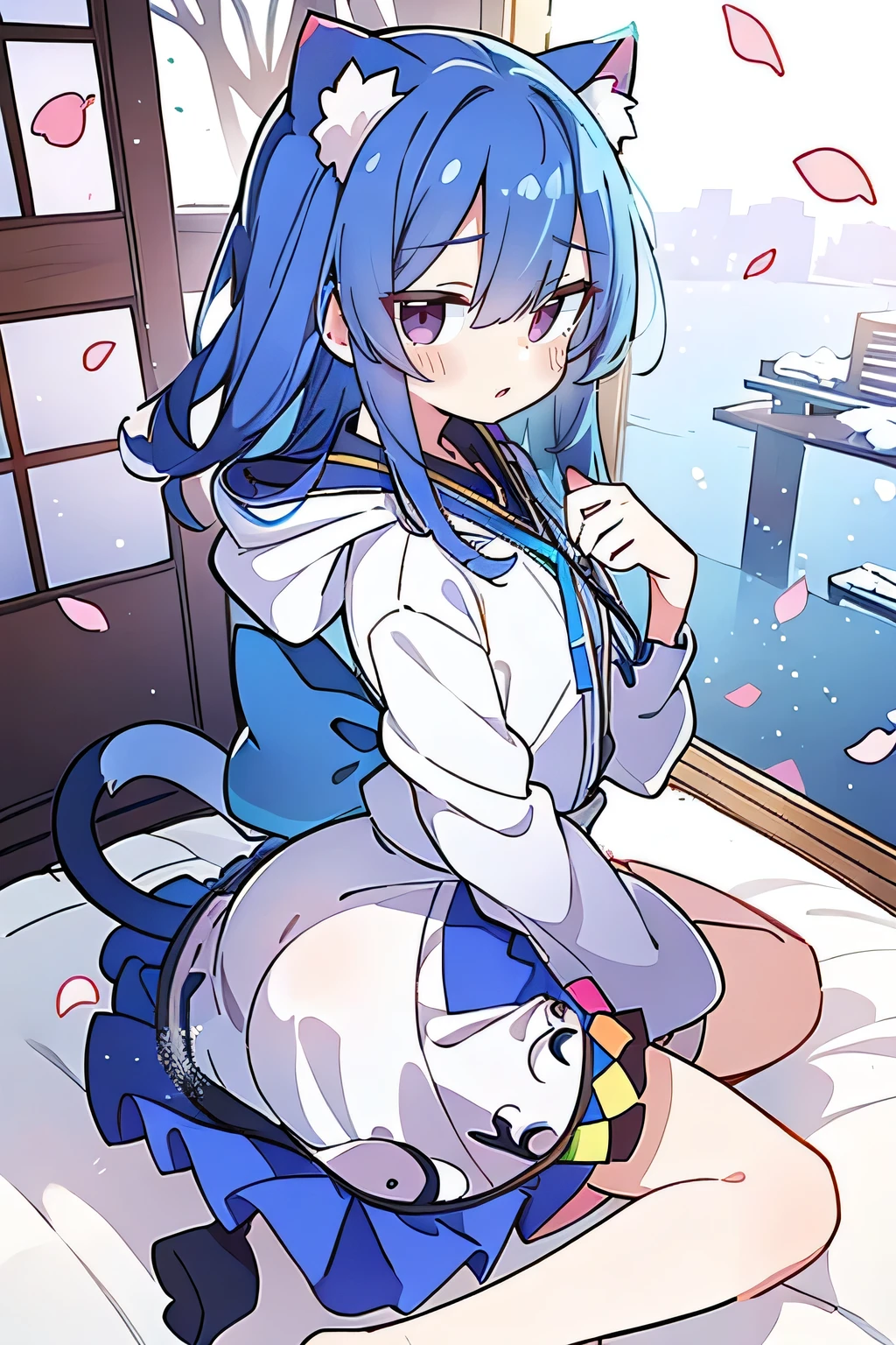 （masterpiece：1.2），Super detailed，lifelike，Expressive eyes，fair skin，perfect face shape，1 girl，
Japanese comics,Gorgeous blue hair,flowing blue hair,flowing clothes,Cat ears,Petals fall,beautiful lola,Baby Angel,sunrise,
Shaking head with one hand，Cross your legs，Gentle and peaceful background，The pavilion is cool and comfortable,smile, wearing hoodie, background of tokyo,back views,snowing, winter.