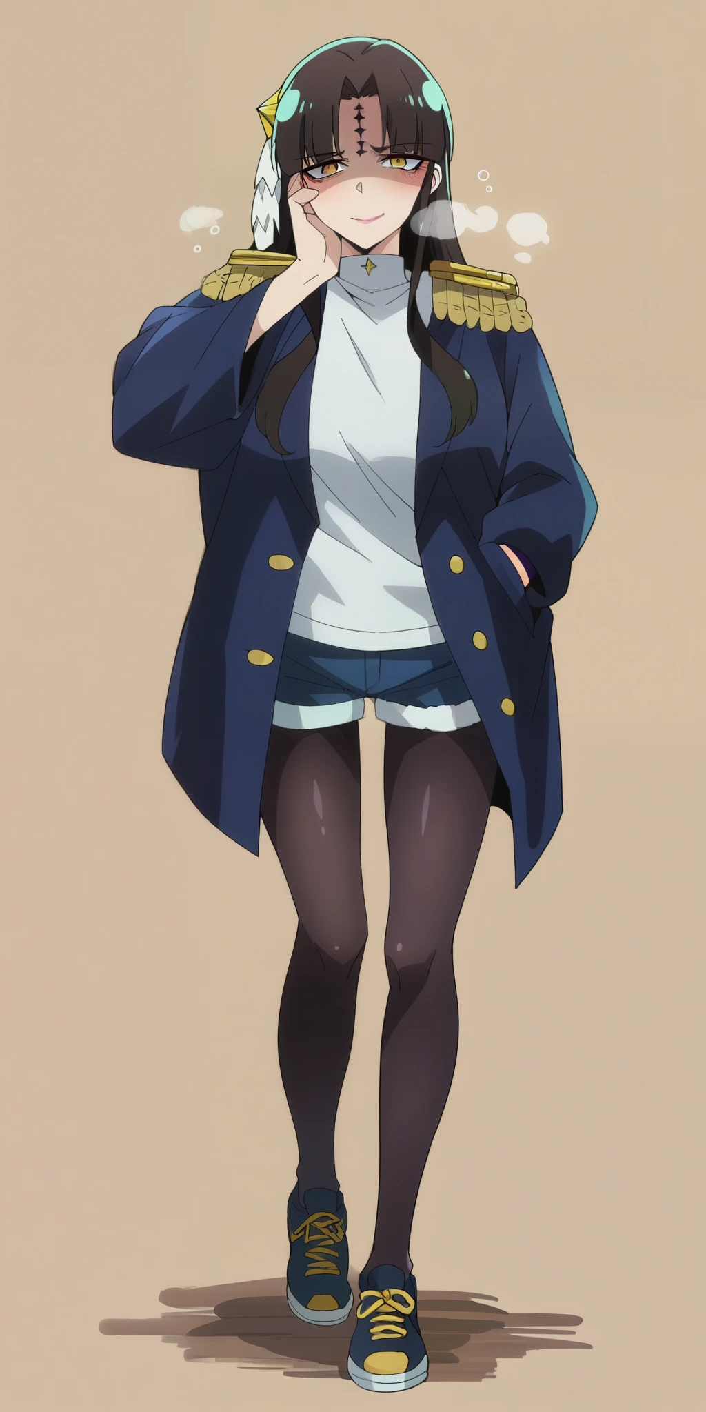score_9, score_8_up, score_7_up, source_anime, michikotanaka, michiko tanaka, long hair, black hair, yellow eyes, facial mark, forehead mark, michiko_tanaka_mahoushoujoniakogarete, anime_style, (long hair, black hair:1.3), forehead, forehead mark, hair ornament, muscular female, anatomically correct, mature female, curvy, heavy breathing, 1girl, solo, pantyhose, standing, coat, full_body, looking_at_viewer, black_legwear, smile, casual, closed_mouth, shoes, turtleneck, brown_hair, simple_background, blush, bangs, jacket, (bootyshorts:1.4), sneakers, anime coloring, anime screencap, hair ornament, (shaded face:1.2), yellow eyes, drunk, blush, forehead mark, makeup
