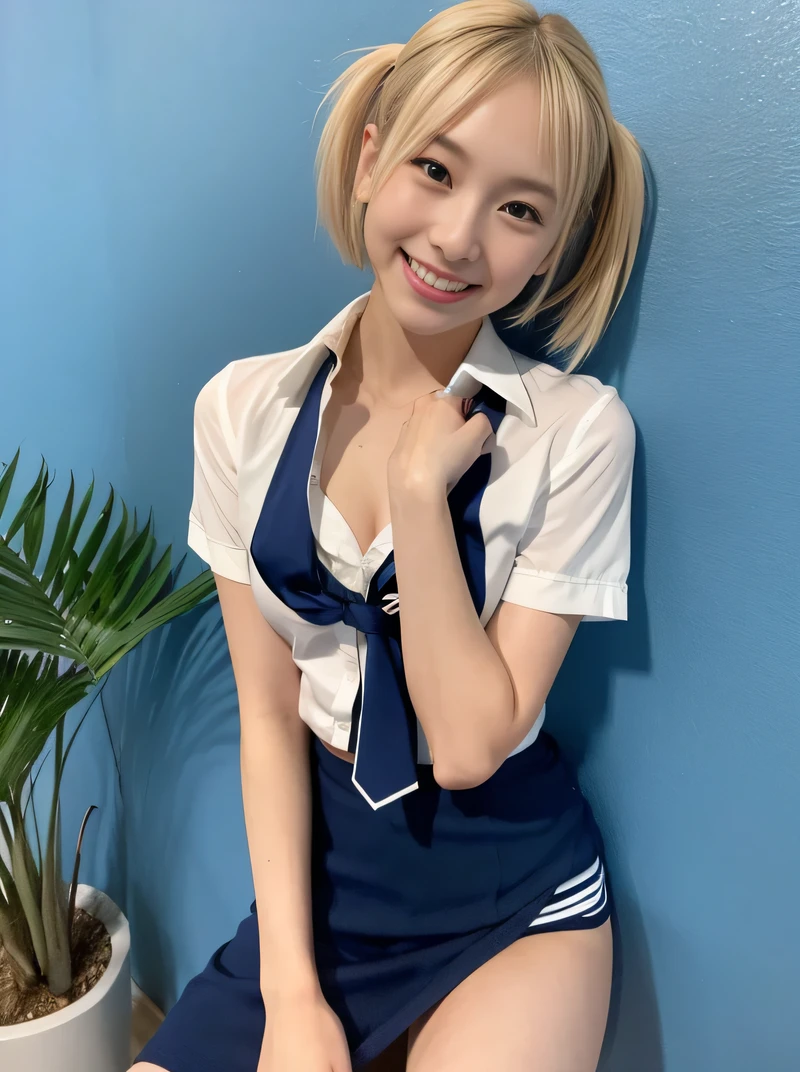 (highest quality、8k、32k、masterpiece、Hmph:1.2)、sexy、、Cute Japanese Women Photos、Blonde、Twin tails、thin、slender、1 girl、(Bobcut)、(Small Tits)、double eyelid、 White open front shirt、Red tie、You can see her underwear faintly、Navy blue mini skirt、Thighs、Light blue wall、whole body、smile、sexy