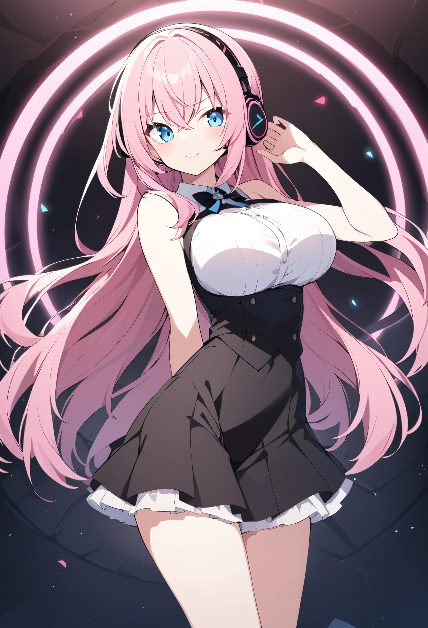 ,large breasts , ConcertHole, 1girl, 　　luka megurine, blue eyes, headphones, long hair, pink hair,　,formal dress,