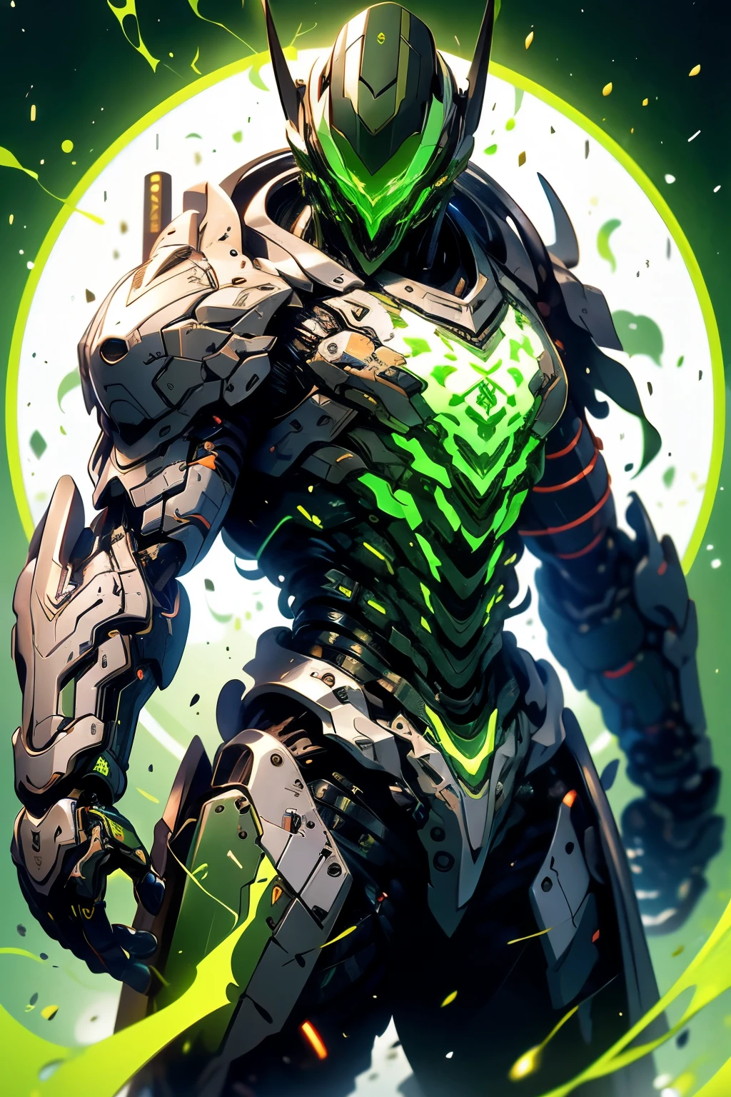 Amidst the desolation of a war-torn metropolis, a dark and menacing cyborg, clad in an intricately designed amalgamation of black and green metal, lumbered through the landscape, each footfall vibrating ominously against the cracked pavement. His high-tech armor glistened under the feeble glow of the sickly pale light that pierced through the thick, noxious fog. The lifeless, glowing eyes of this mechanical behemoth darted around, scanning the horizon intently for any hint of danger, as its crackling sensors throbbed with the vitality of unyielding machinery.

With a swift,