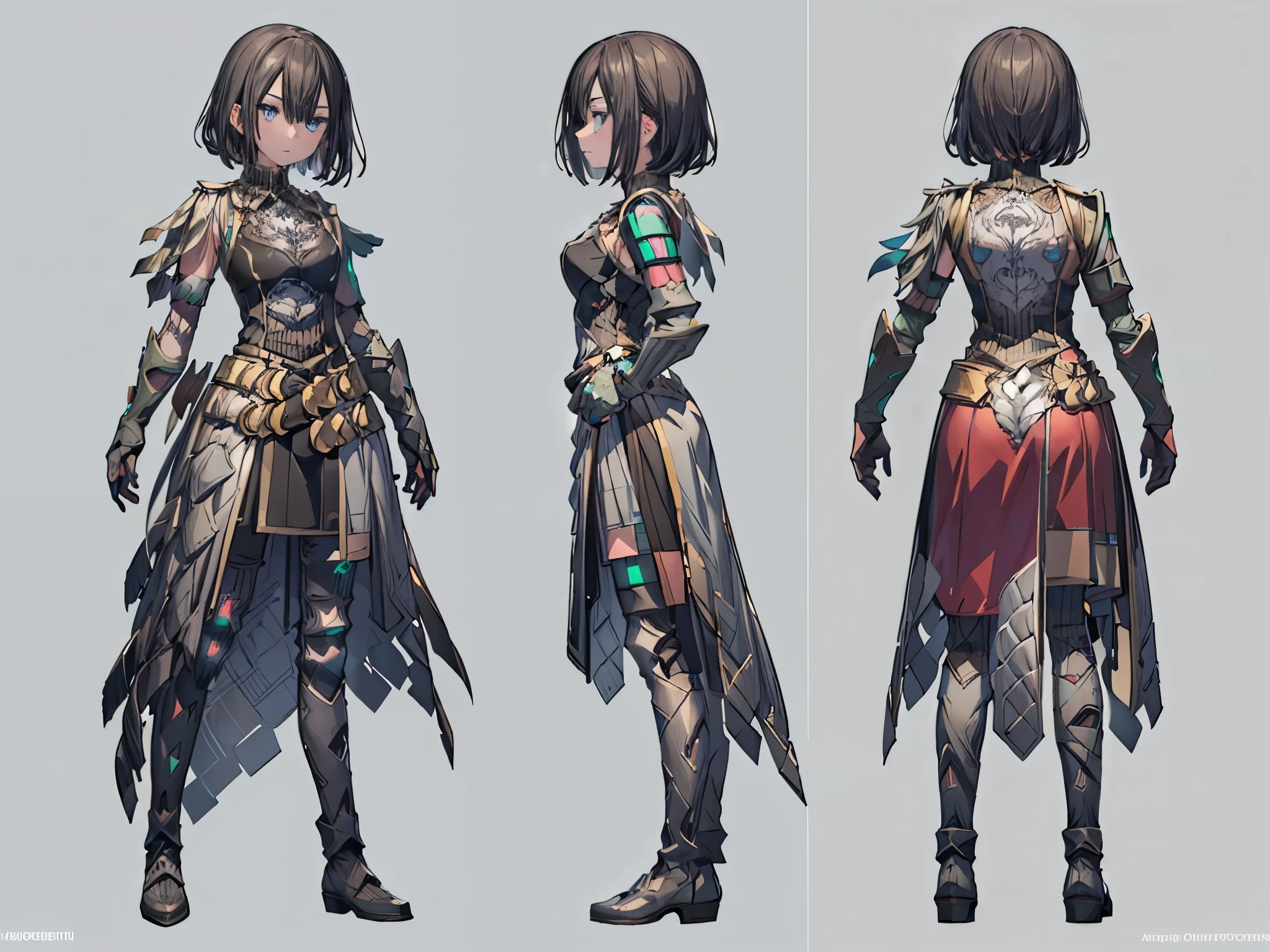 ((three-sided view, front view, side view, back view, multiple views, multiple poses and expressions, many parts)), concept art, character concept art, character sheet, Full body, illustration, (simple background, gray background), 1 character, 1girl, fantasy art, a female knight in metal armor, 