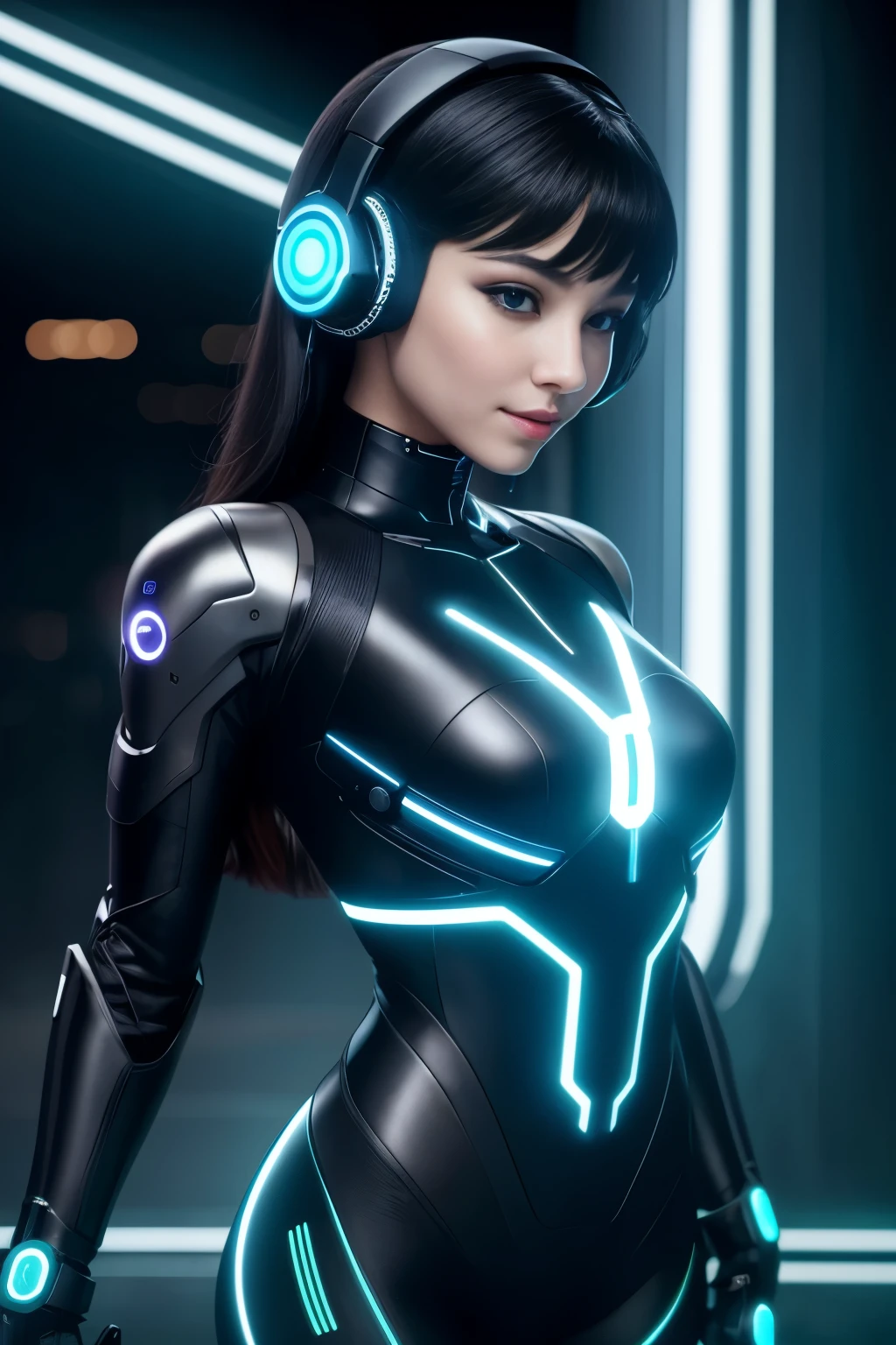A humanoid girl with black wide eyes that hold an enchanting smile, showcasing a high-definition, HD, appearance. She dons a sleek headset gadget, a signature of her augmented cyber body. The detailed skin on her face reflects the gentle glow of the surrounding neon lights, while her eyes sparkle with an otherworldly glow. The HD rendering of her body accentuates her slender form and the curves of her cybernetic enhancements. The headset gadget, with its advanced technology, enhances her natural beauty, making her an awe-inspiring sight.