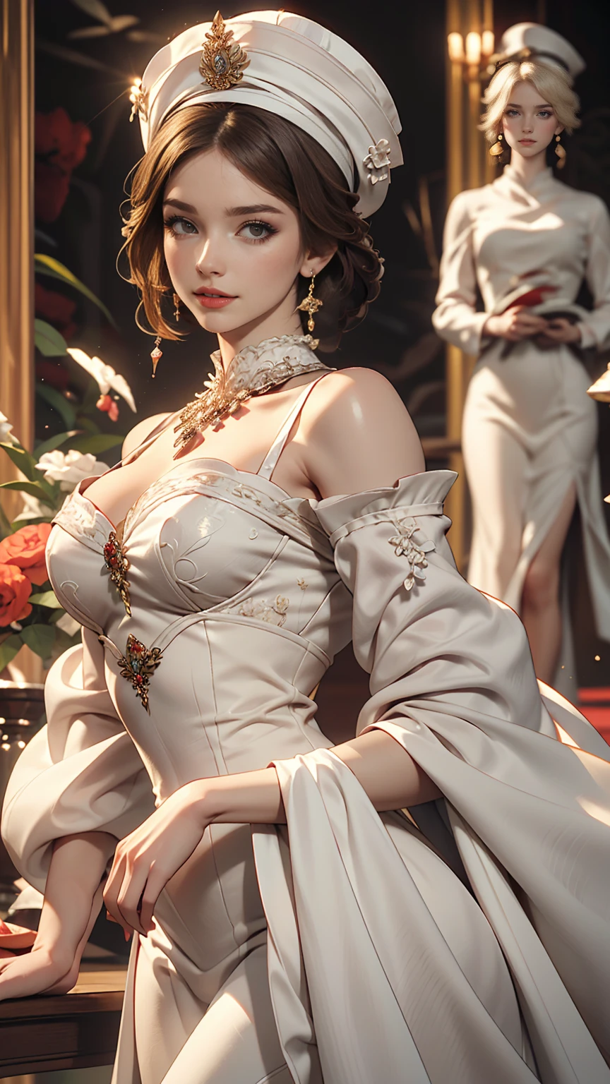 Arabian woman wearing a white hat and dress and red lipstick, pale White skin like porcelain, Gweitz, Gweitz masterpiece, artwork in the style of Gweitz, Soft Portrait Shot 8k, Pale young ghost girl, White skin like porcelain, By Russell Dongjun Lu, Pale milky porcelain skin, Elegant woman with white skin