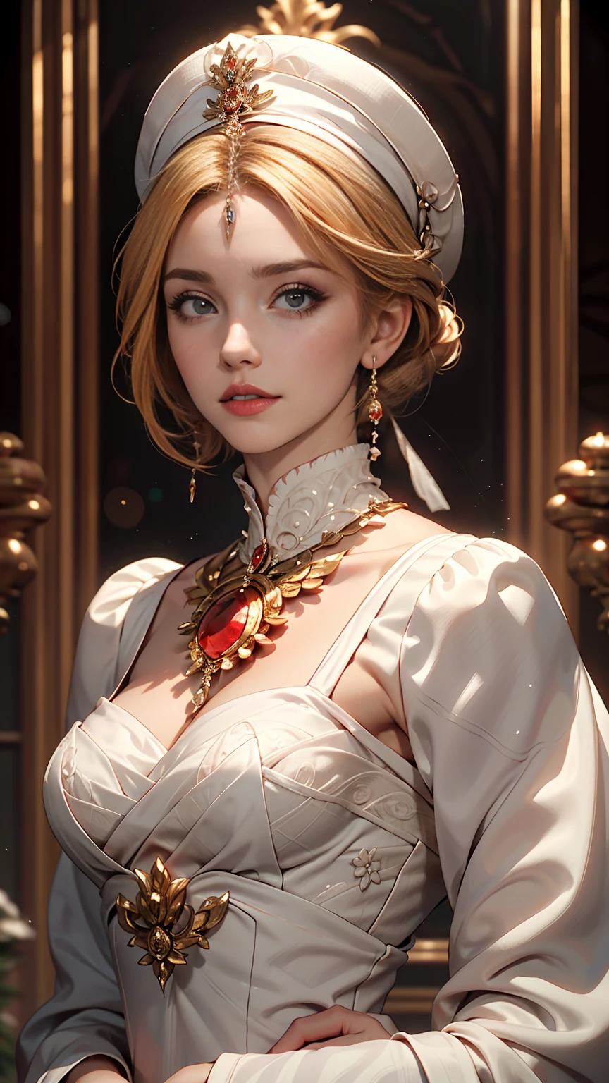 Arabian woman wearing a white hat and dress and red lipstick, pale White skin like porcelain, Gweitz, Gweitz masterpiece, artwork in the style of Gweitz, Soft Portrait Shot 8k, Pale young ghost girl, White skin like porcelain, By Russell Dongjun Lu, Pale milky porcelain skin, Elegant woman with white skin