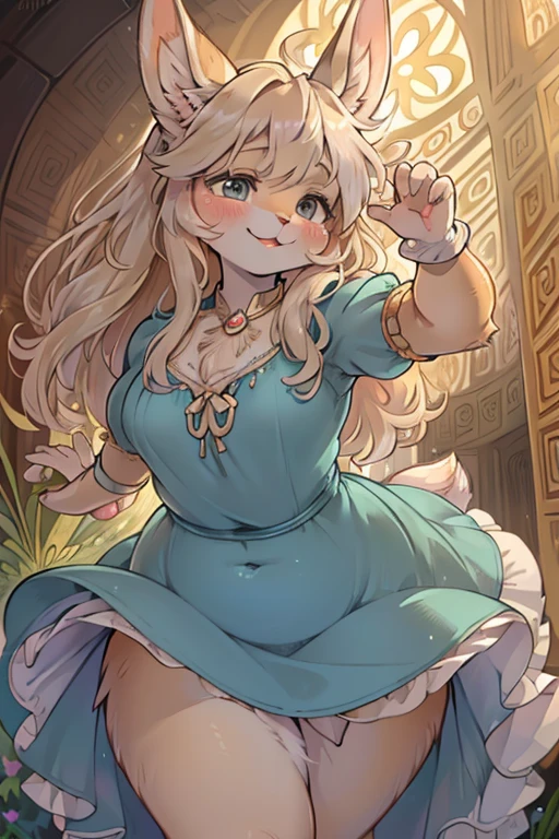 (Alphonse Mucha style:1.2) , hairy bunny mom , (realistic hairy bunny fur:1.5) , round face , (tilt face:1.2) , (half-open eyes:1.5) , moist round eyes , Swollen cheeks , Seduction smile , glossy lips , Curly hair , princess dress , Alice in Wonderland , twilight , Adorable gestures , dynamic angle , nag factor , Gently guide , labyrinth , can not stand it any longer