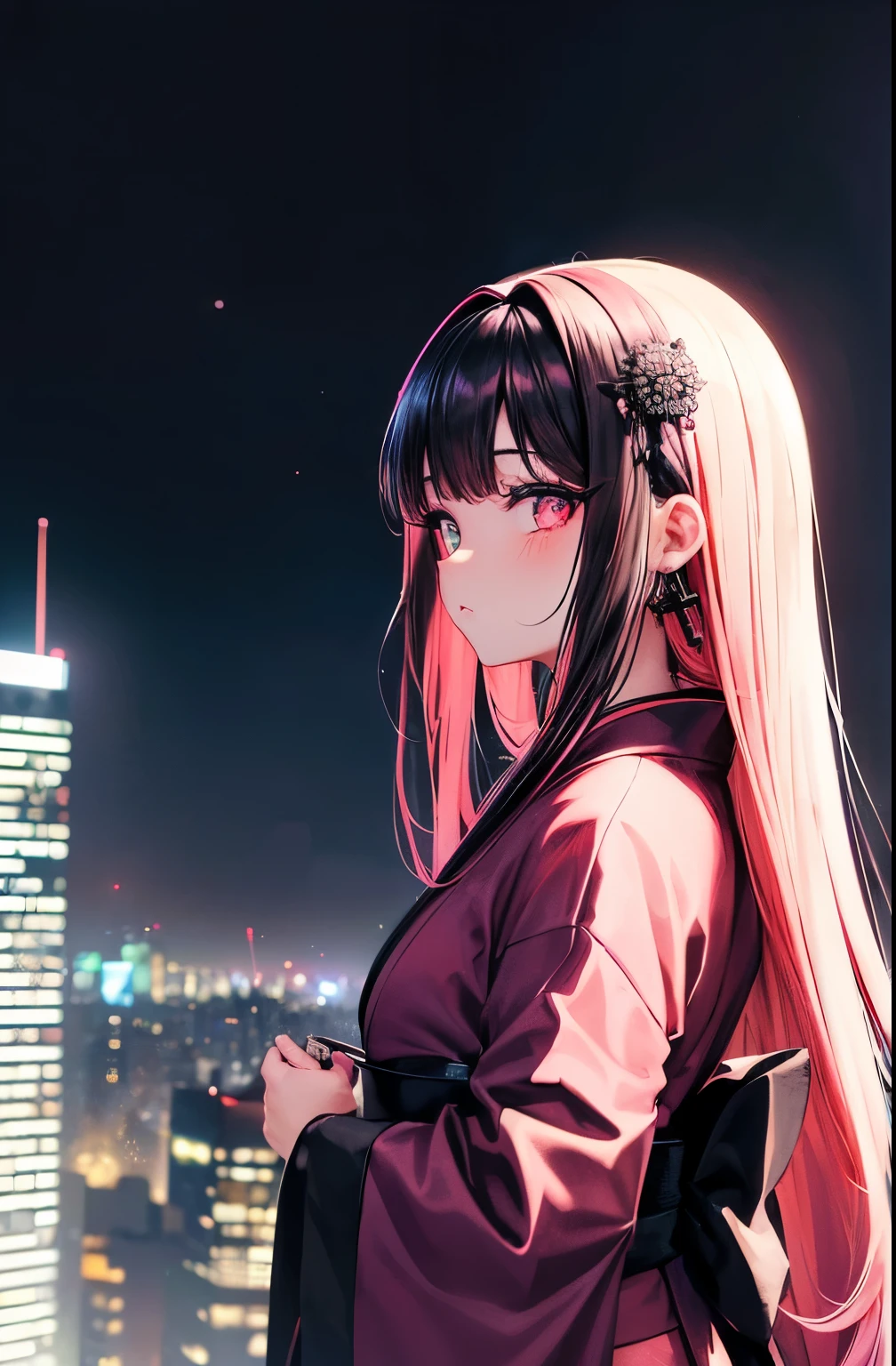 anime, (obra de arte, melhor qualidade, ultra-detalhado, alto contraste), 1 mulher (Sozinho, corpo todo, corpo plus size, standing on the edge of the skyscraper, cabelo prateado, CABELO LONGO E FLUXO, olhos vermelhos brilhantes de rubi, (Kimono preto, black cybernetics with neon pink), meias pretas transparentes), (skyscraper roof, com vista para uma cidade, fundo detalhado ((night time, Darkness, low light pollution)))