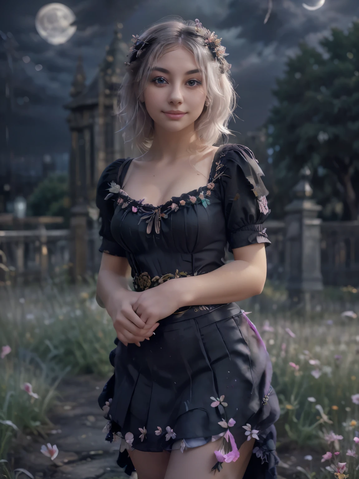 masterpiece, best quality,, 1girl, (colorful),(finely detailed beautiful eyes and detailed face),cinematic lighting,bust shot,extremely detailed CG unity 8k wallpaper,white hair,solo,smile,intricate skirt,((flying petal)),(Flowery meadow), sky, cloudy_sky, building, moonlight, moon, night, (dark theme:1.3), light, fantasy,