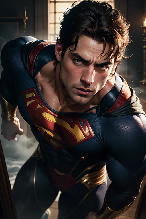 (Very detailed 8K wallpaper.), Middle shot of a young male model, blue eyes, brown hair, strong jaw, fit the body, which tall, full body, Prince Aesthetics, gothic architecture, shirtless, soft light,Superman costume, Photo RAW portrait handsome, Henry Cavill super man, piercing gaze, high quality textures, high quality shadows, high detail, beautiful detail, fine detail, extremely detailed computer graphics, detailed textures, realistic faces, atmosphere of fear and unease, sensual moment from the point of view of someone in a close embrace with a muscular man bathing in smoke with bright laser eyes