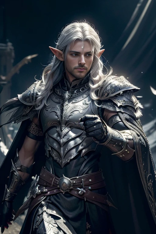 (master piece:1.5), (best quality:1.5), (exquisite lighting and shadow, highly dramatic picture, cinematic lens effect) (Photorealistic picture) highly detailed, realistic, cinematic lighting, studio quality, 8k, wallpaper, dynamic pose, anatomy correct, epic fantasy digital art, Epic composition, full body very long silver hair pale Male elf paladin red eyes wearing a black leather armor, shiny black intricate elaborated plate chest with silver feather accents small shoulder black armor with silver feather ornaments, black plate gauntlets with silver feather ornaments, no helmet, long black cape with silver feather ornaments, dark night background, black castle at the distance