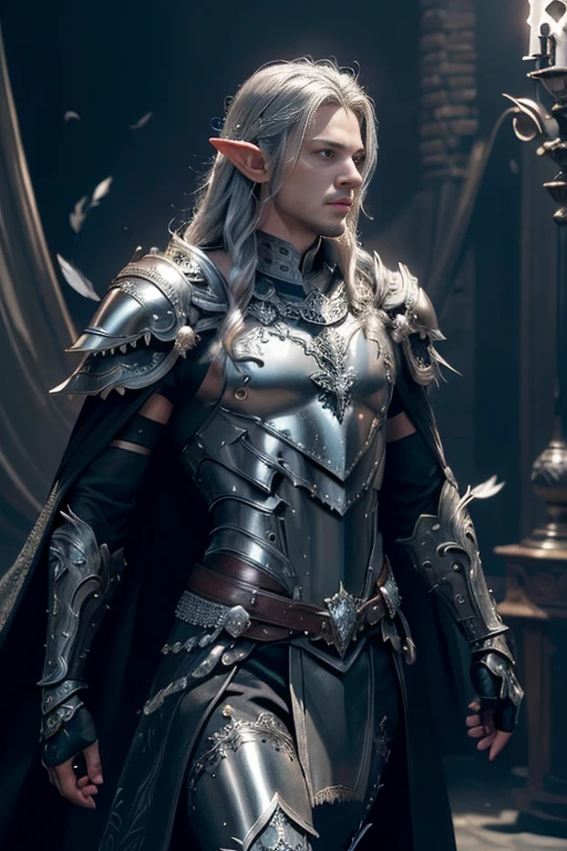 (master piece:1.5), (best quality:1.5), (exquisite lighting and shadow, highly dramatic picture, cinematic lens effect) (Photorealistic picture) highly detailed, realistic, cinematic lighting, studio quality, 8k, wallpaper, dynamic pose, anatomy correct, epic fantasy digital art, Epic composition, full body very long silver hair pale Male elf paladin red eyes wearing a black leather armor, shiny black intricate elaborated plate chest with silver feather accents small shoulder black armor with silver feather ornaments, black plate gauntlets with silver feather ornaments, no helmet, long black cape with silver feather ornaments, dark night background, black castle at the distance
