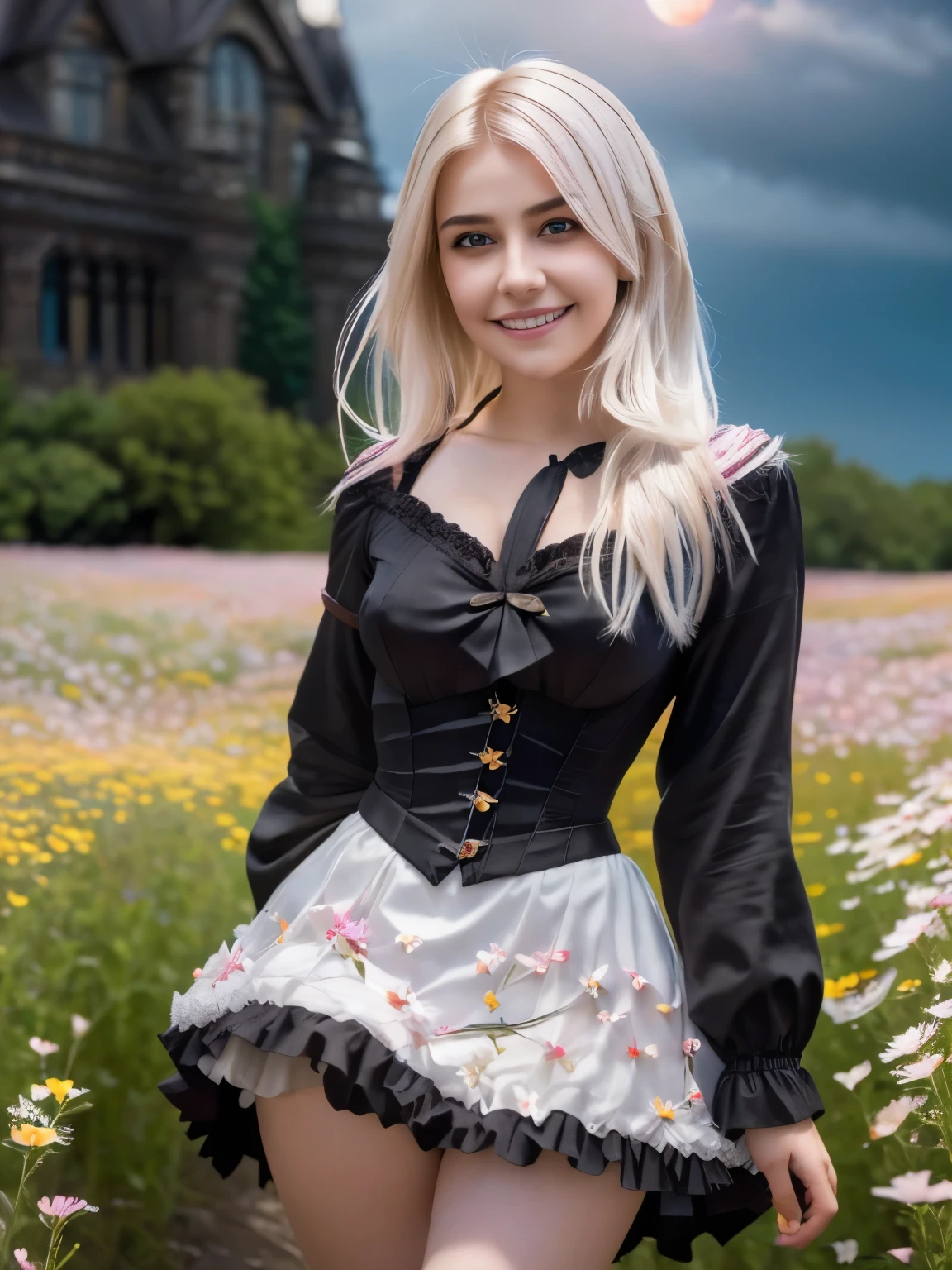 masterpiece, best quality,, 1girl, (colorful),(finely detailed beautiful eyes and detailed face),cinematic lighting,bust shot,extremely detailed CG unity 8k wallpaper,white hair,solo,smile,intricate skirt,((flying petal)),(Flowery meadow), sky, cloudy_sky, building, moonlight, moon, night, (dark theme:1.3), light, fantasy,