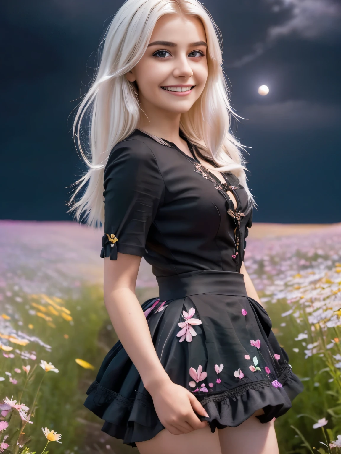 masterpiece, best quality,, 1girl, (colorful),(finely detailed beautiful eyes and detailed face),cinematic lighting,bust shot,extremely detailed CG unity 8k wallpaper,white hair,solo,smile,intricate skirt,((flying petal)),(Flowery meadow), sky, cloudy_sky, building, moonlight, moon, night, (dark theme:1.3), light, fantasy,