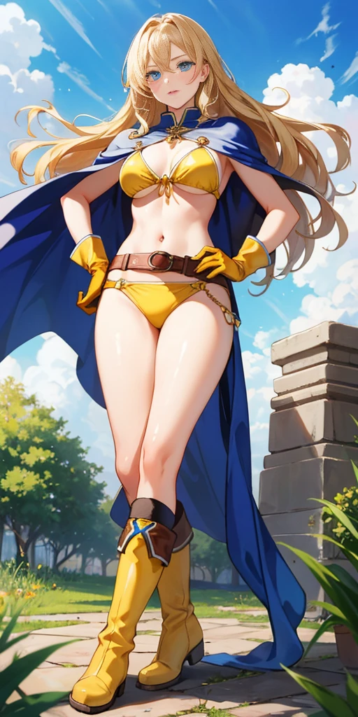 (masterpiece, best quality), 1girl, KnightFFT, long hair, blonde hair, blue eyes, cape, YELLOW BIKINI belt, gloves, boots