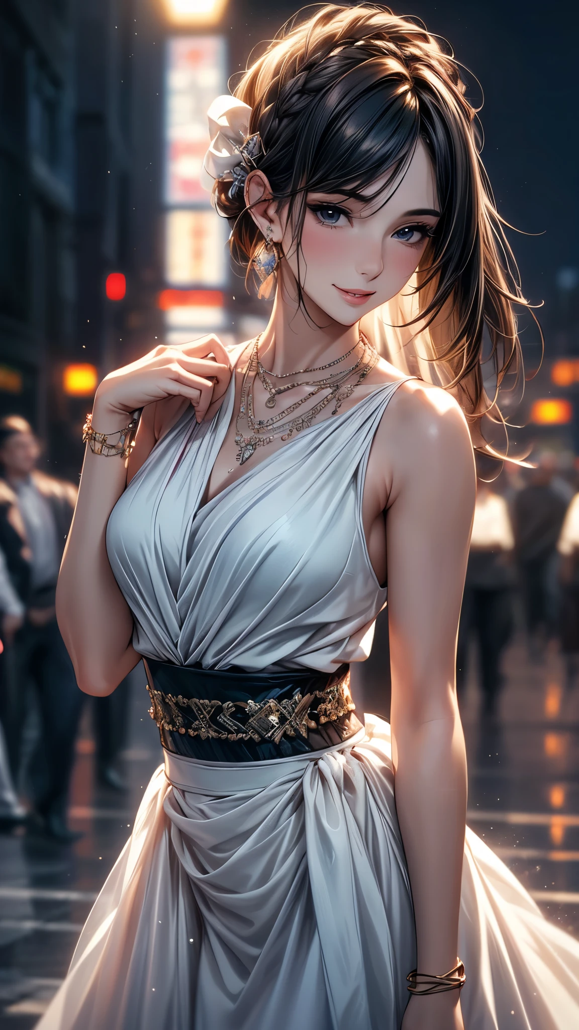 best quality, masterpiece, high resolution, 1 Girl, clear silk porcelain skirt, Pretty Face, Hair accessories, Looking at the audience, Smile, shut your mouth, Lips, skirt, Hair accessories, necklace, jewelry, Long hair, earrings, Pretty Face, Physically, The Tyndall effect, realism, Dark Studio, Side lighting, Two-color lighting, (High Detail Skin: 1.2), 8K Ultra HD, DSLR camera, Soft Light, high quality, Volumetric Lighting, photo, high resolution 4K, 8k, Blurred background, Octane Render