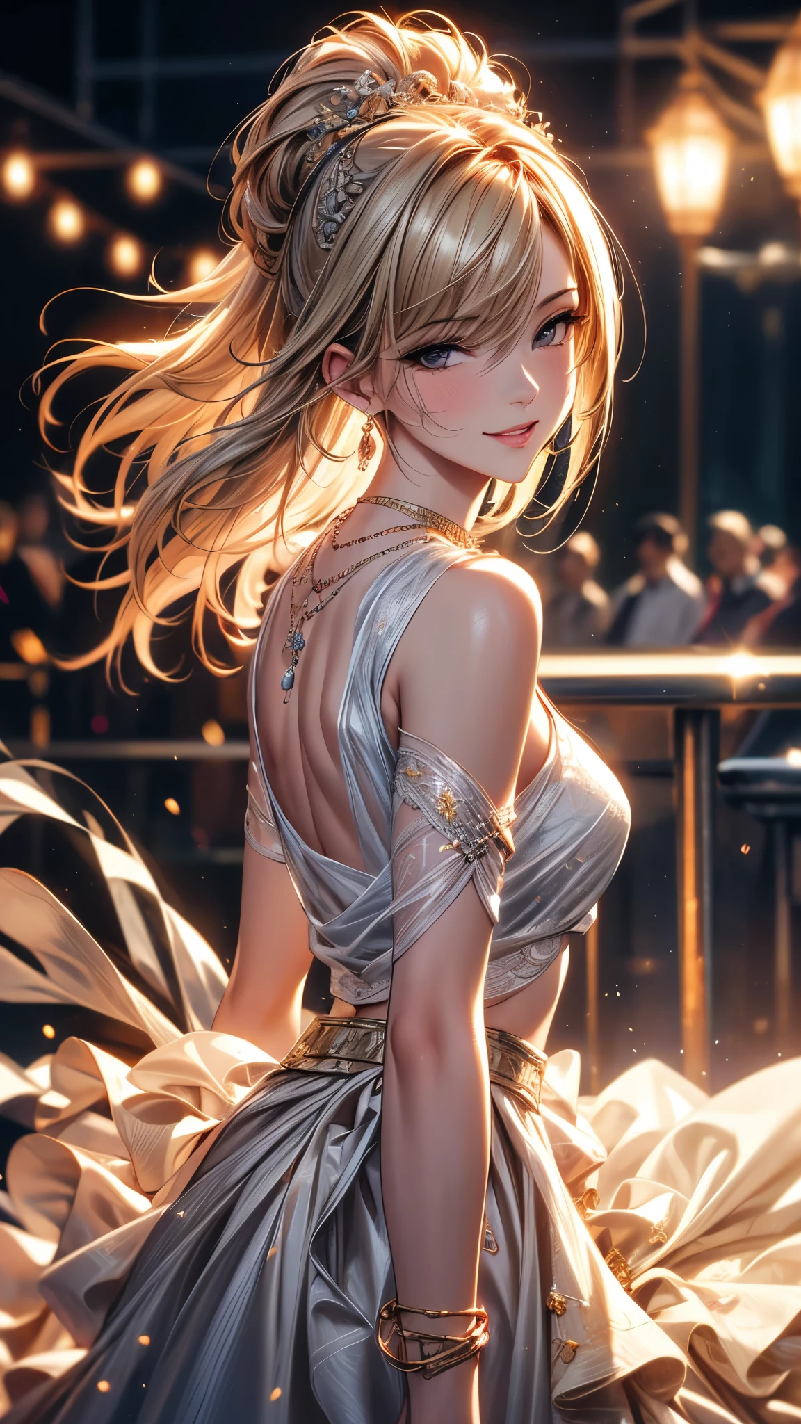 best quality, masterpiece, high resolution, 1 Girl, clear silk porcelain skirt, Pretty Face, Hair accessories, Looking at the audience, Smile, shut your mouth, Lips, skirt, Hair accessories, necklace, jewelry, Long hair, earrings, Pretty Face, Physically, The Tyndall effect, realism, Dark Studio, Side lighting, Two-color lighting, (High Detail Skin: 1.2), 8K Ultra HD, DSLR camera, Soft Light, high quality, Volumetric Lighting, photo, high resolution 4K, 8k, Blurred background, Octane Render