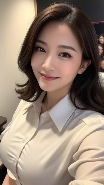 ((highest quality, 8k, masterpiece, Portraiture: 1.3)), (Observe the audience), (Tabletop), ((Close-up of face))、魅力的なビジネスのMature Woman, 1 person, A little chubby:0.35,Brown wavy hair、 White collared shirt, (Large pelvis:0.8), smile:0.2, president'office,Good posture、(((Mature Woman))), (((56 years old))),