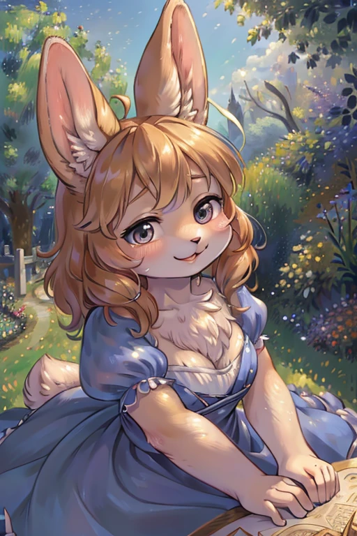 (Renoir style:1.2) , hairy bunny mom , (realistic hairy bunny fur:1.5) , round face , (tilt face:1.2) , (half-open eyes:1.5) , moist round eyes , Swollen cheeks , Seduction smile , glossy lips , Curly hair , princess dress , Alice in Wonderland , twilight , Adorable gestures , dynamic angle , nag factor , Gently guide , labyrinth , can not stand it any longer