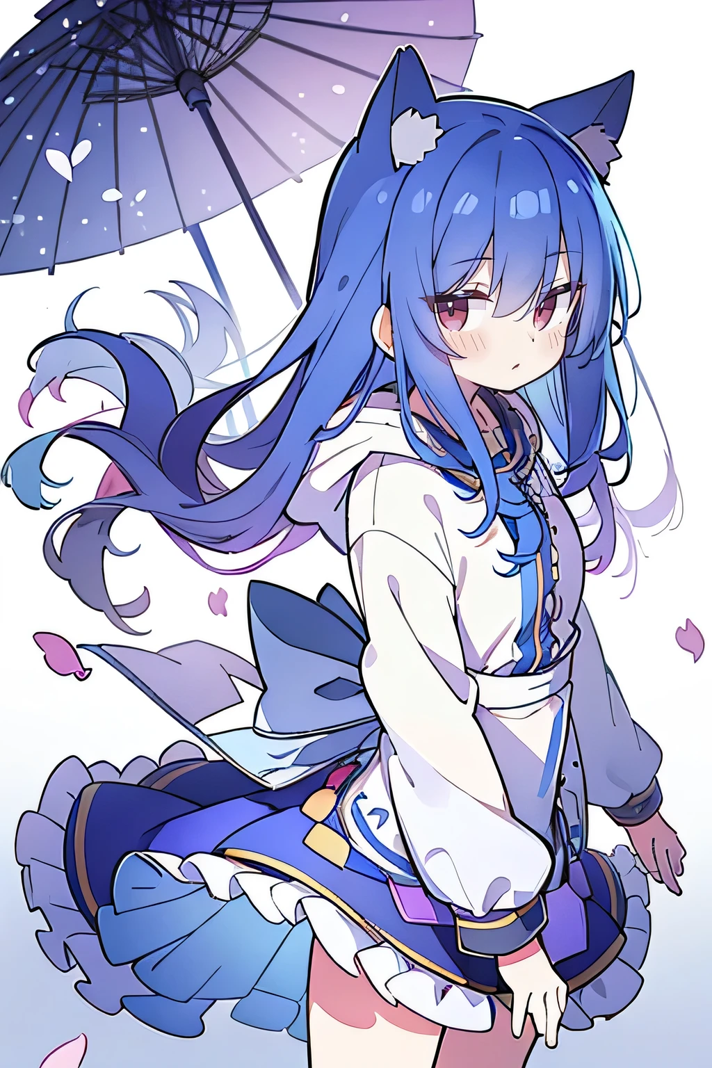 (masterpiece:1.2),Super detailed,lifelike,Expressive eyes,fair skin,perfect face shape,1 girl,
Japanese comics,Gorgeous blue hair,flowing blue hair,flowing clothes,Cat ears,Petals fall,beautiful lola,Baby Angel,sunrise,
Shaking head with one hand,Cross your legs,Gentle and peaceful background,The pavilion is cool and comfortable,smile, wearing hoodie, background of tokyo,back views,snowing, winter.