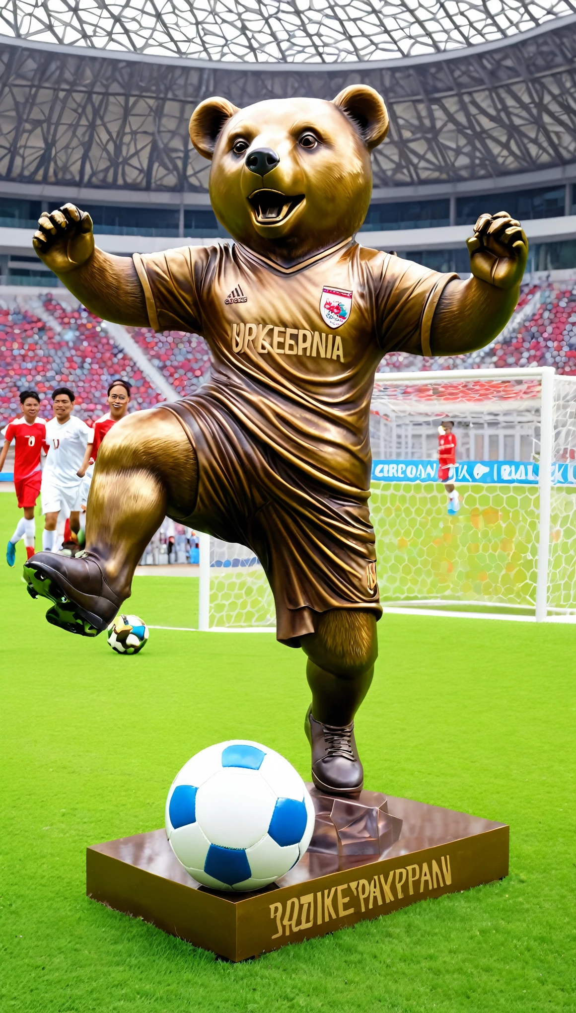 create 3D realistic Indonesia Honey bear bronze statue playing soccer at front of soccer stadium, wear soccer jersey with text BALIKPAPAN
