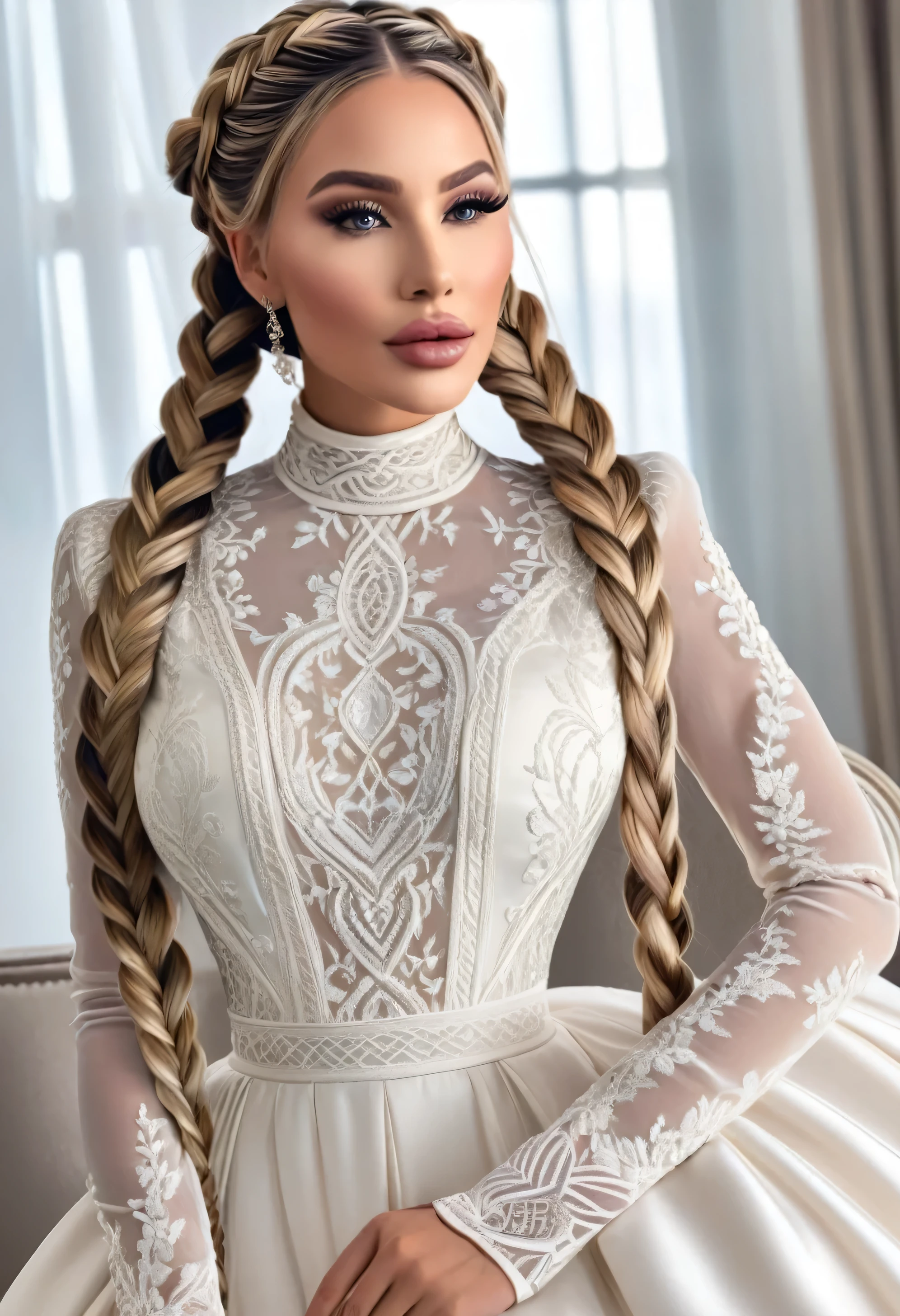 A beautiful woman who embodies faith hope love, chastity, and purity. high-necked-dress, long sleeves. Multiple long elegant and intricate braids.