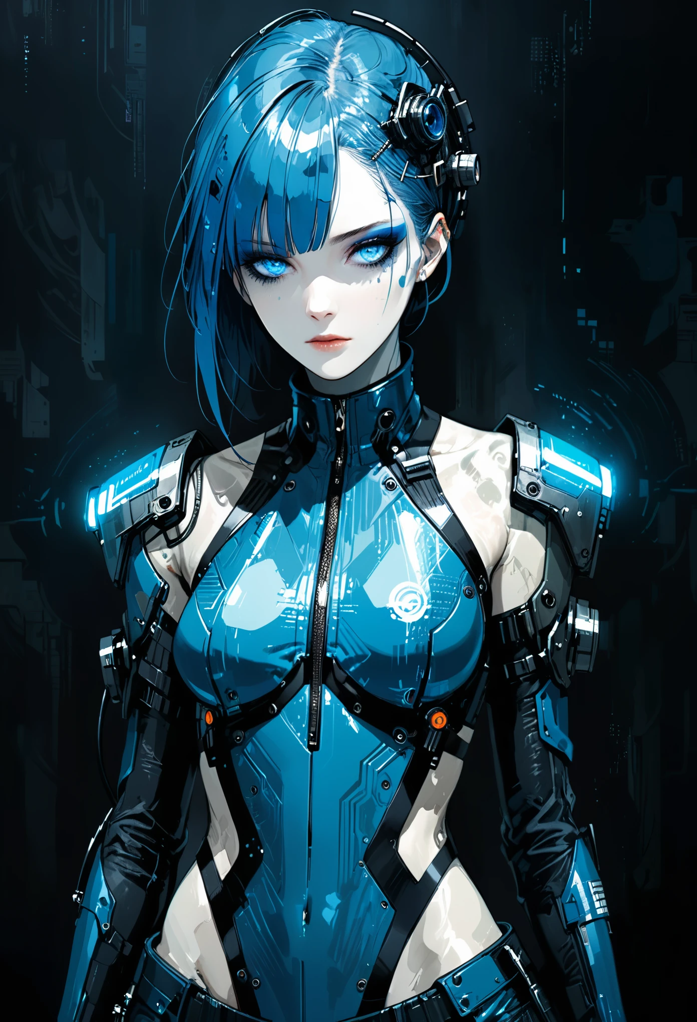 (in style of Harry Clarke:1.0),(in style of Ashley Wood:0.1)Character concept design,Cyberpunk style female character,Details: glowing dodgerblue eyes,Textured Skin,Gorgeous Clothing