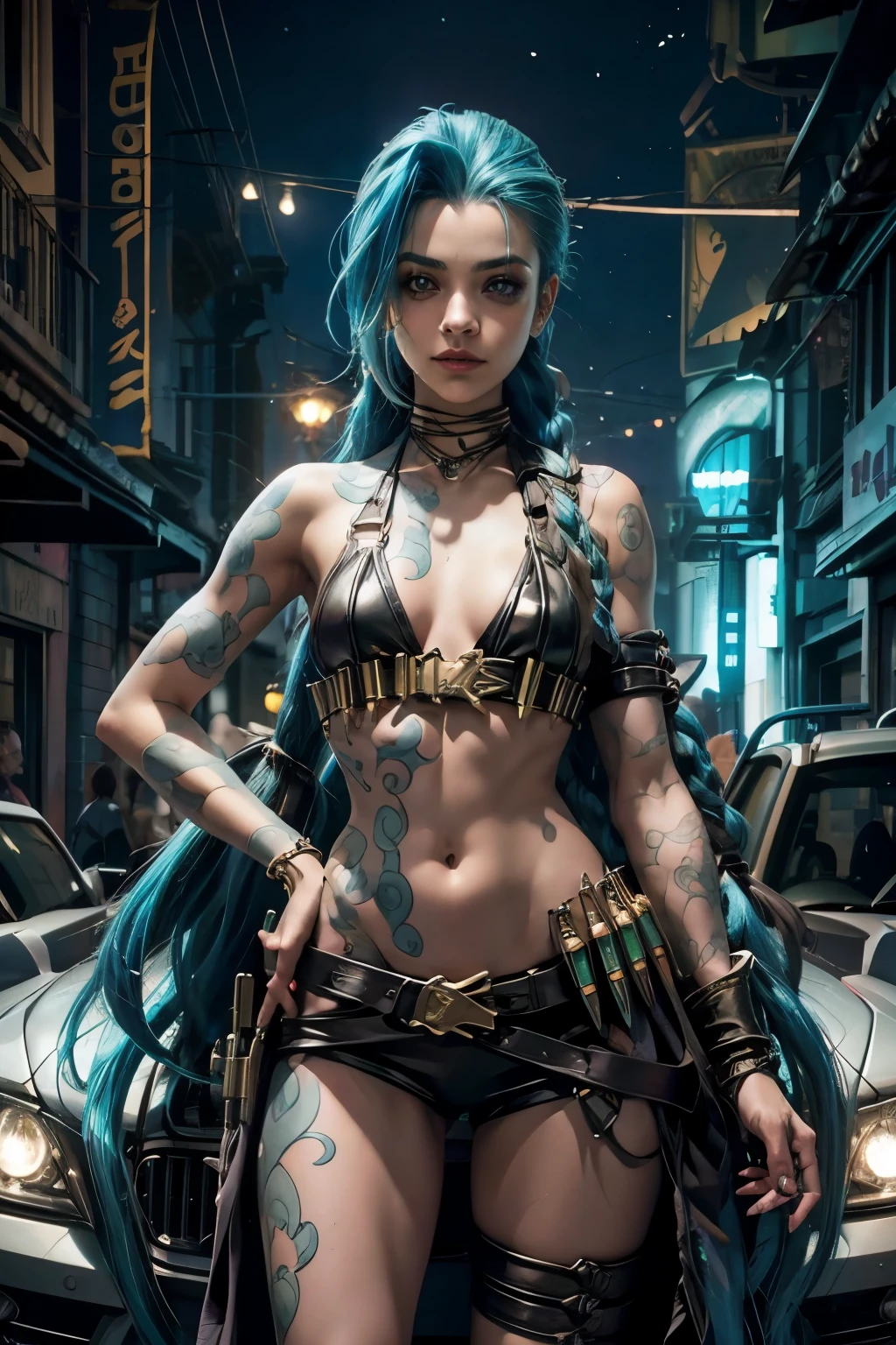 jinx en un automovil 4x4. hermosa. cute. league of legends. jinx, en un angar muy grande, predomina el color verde. jinx con sus dos armas en la mano, super realista, super detallista. 8k. maxima resolucion. hd. jinx con pelo multicolor