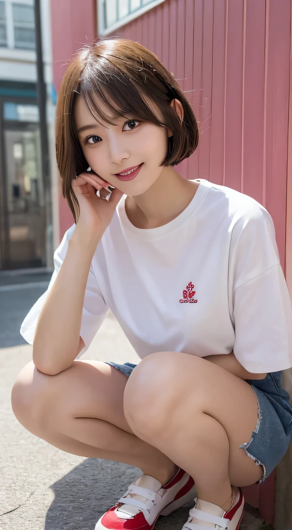 In detail,Full body photo、 smile、High resolution, high quality、Perfect dynamic composition, Beautiful fine details, Blonde、Bobcut、Natural color lip,Kamimei、-yeld gi1 person、Clear Skin、White shirt、Red mini skirt、Thighs、Shiny Hair、最high quality, figure, Very detailed, In detail, High resolution, 8k、The correct state of the human body、squat、Sculpture model pose，Pink wall